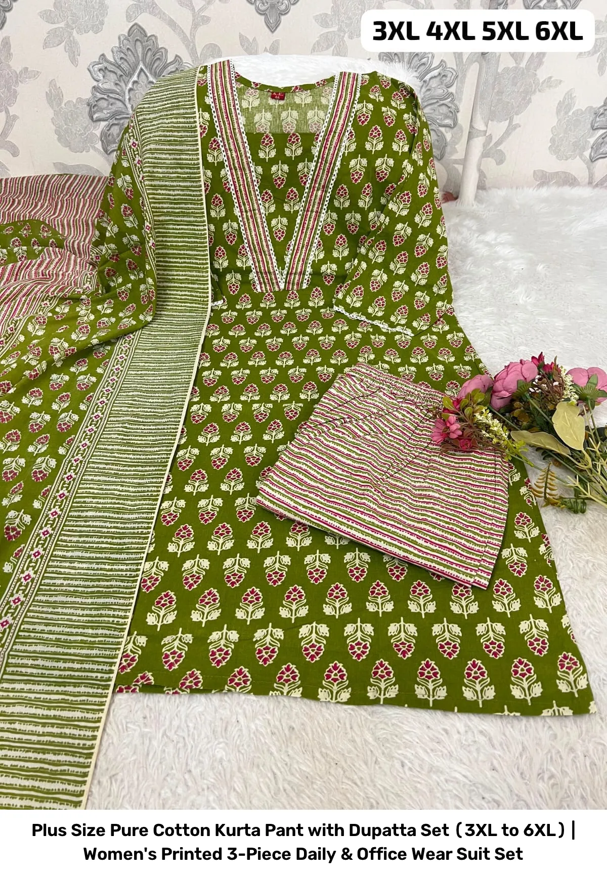 Plus Size Pure Cotton Kurta Pant with Dupatta Set (3XL to 6XL) | Women's Printed 3-Piece Daily & Office Wear Suit Set 15