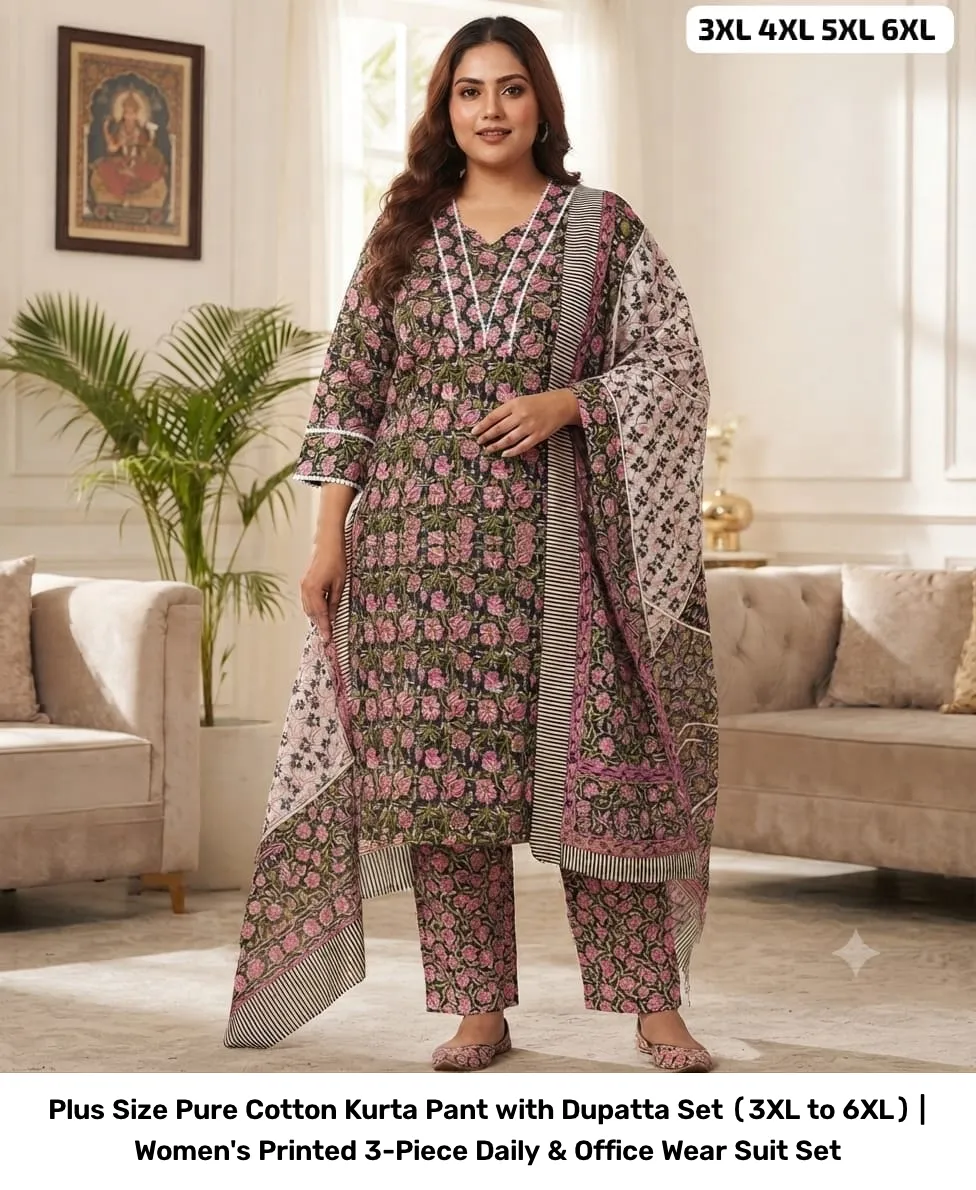 Plus Size Pure Cotton Kurta Pant with Dupatta Set (3XL to 6XL) | Women's Printed 3-Piece Daily & Office Wear Suit Set 16