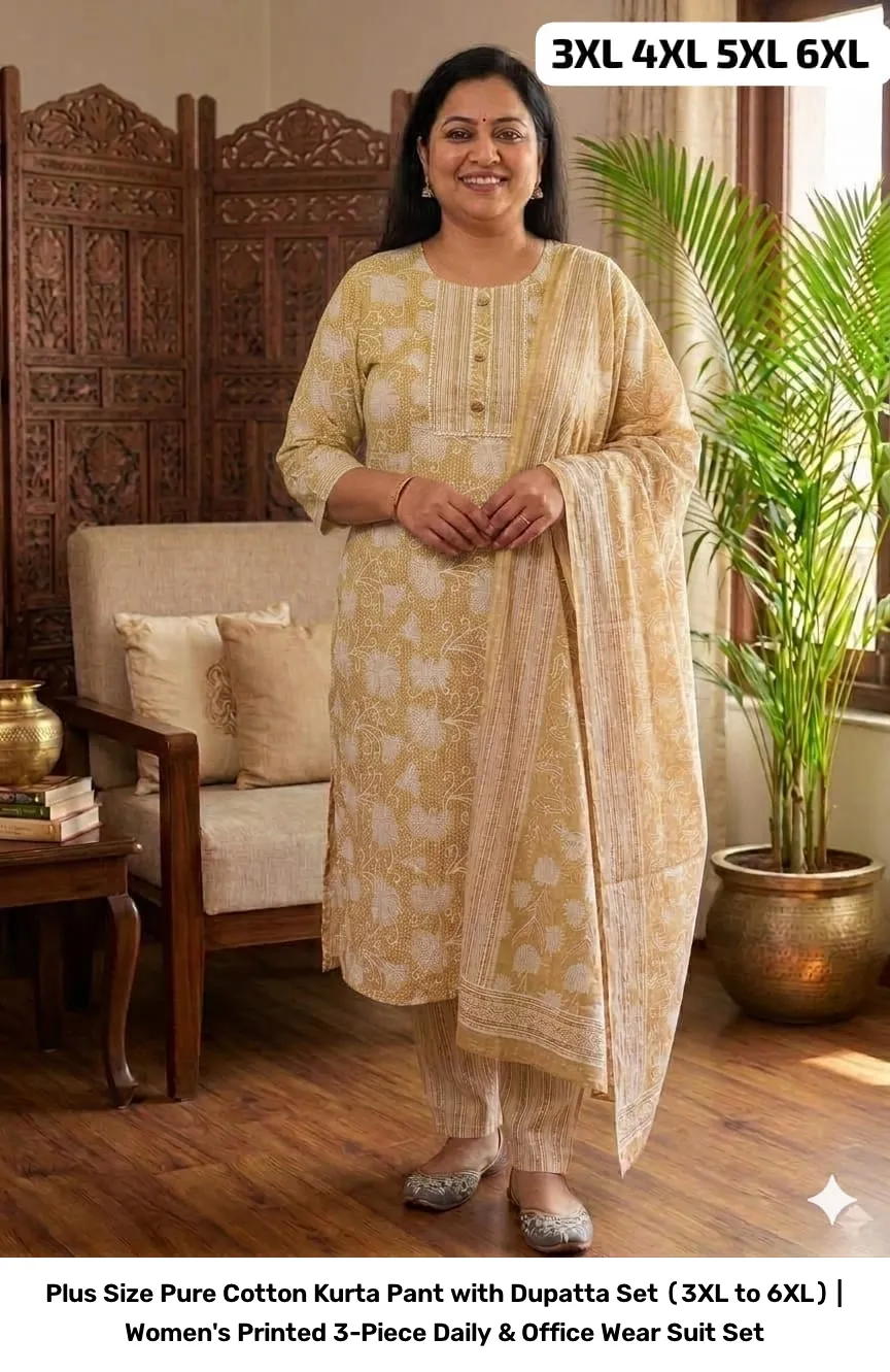 Plus Size Pure Cotton Kurta Pant with Dupatta Set (3XL to 6XL) | Women's Printed 3-Piece Daily & Office Wear Suit Set 17