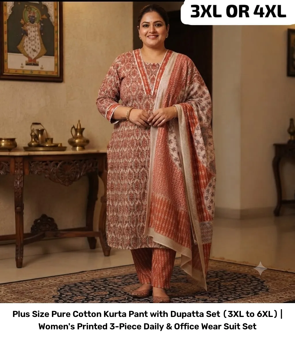Plus Size Pure Cotton Kurta Pant with Dupatta Set (3XL to 6XL) | Women's Printed 3-Piece Daily & Office Wear Suit Set 18