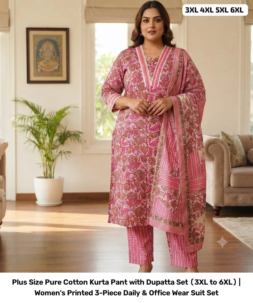 Plus Size Pure Cotton Kurta Pant with Dupatta Set (3XL to 6XL) | Women's Printed 3-Piece Daily & Office Wear Suit Set 2