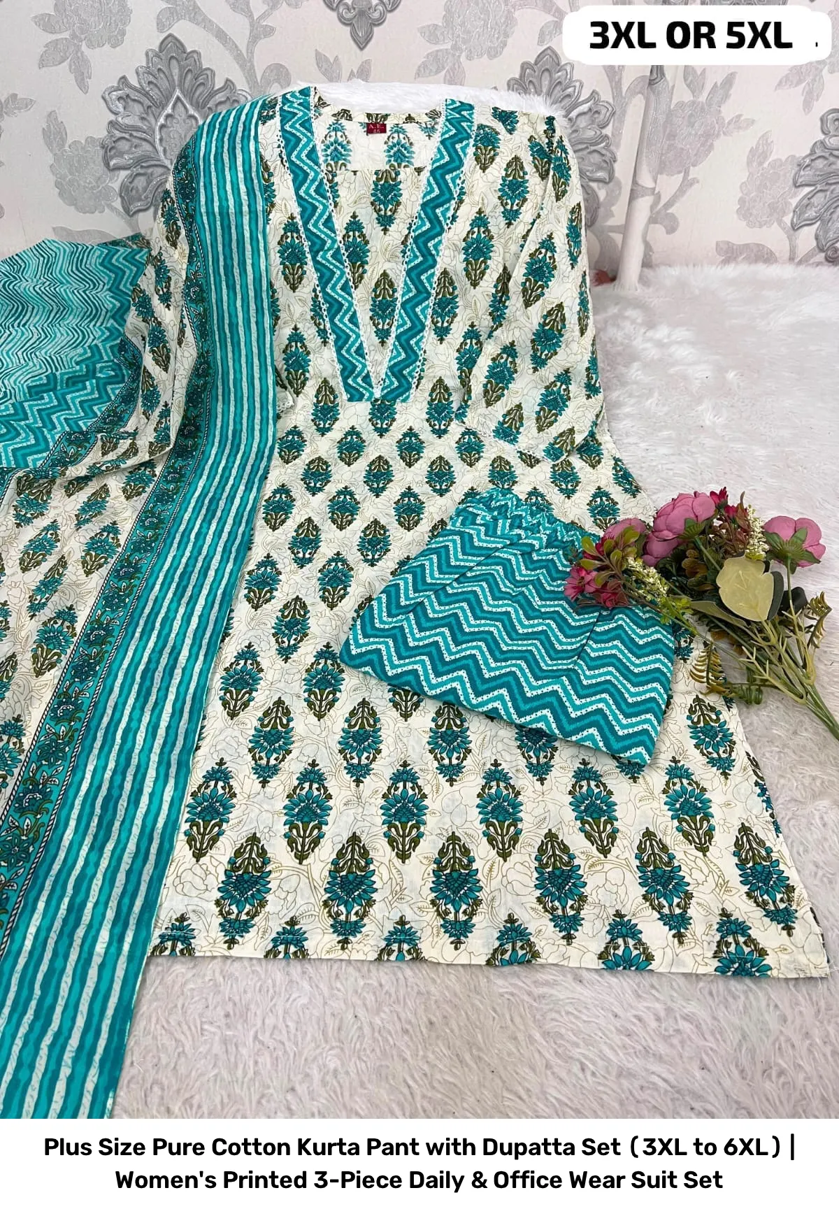 Plus Size Pure Cotton Kurta Pant with Dupatta Set (3XL to 6XL) | Women's Printed 3-Piece Daily & Office Wear Suit Set 21