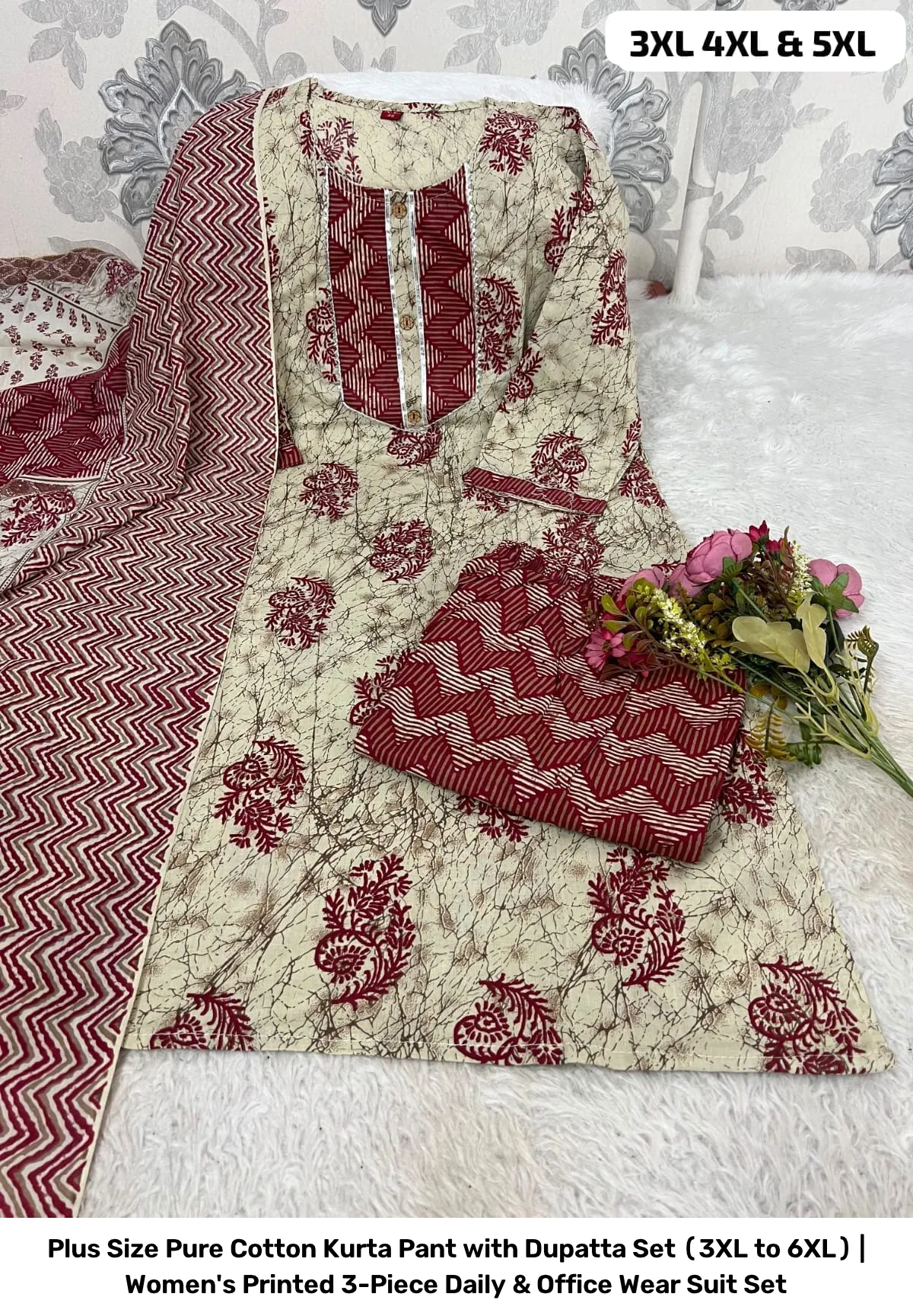Plus Size Pure Cotton Kurta Pant with Dupatta Set (3XL to 6XL) | Women's Printed 3-Piece Daily & Office Wear Suit Set 22