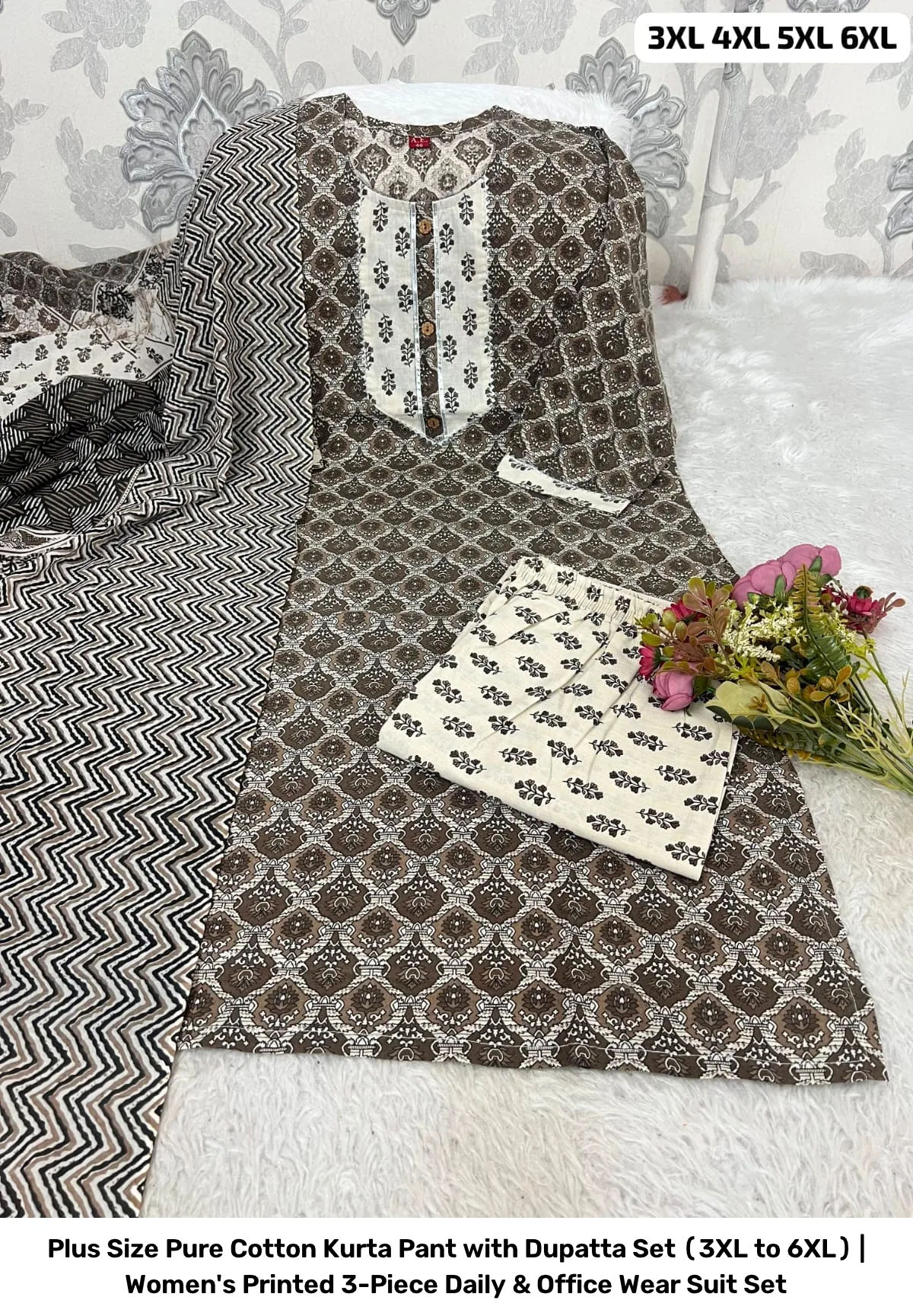 Plus Size Pure Cotton Kurta Pant with Dupatta Set (3XL to 6XL) | Women's Printed 3-Piece Daily & Office Wear Suit Set 23