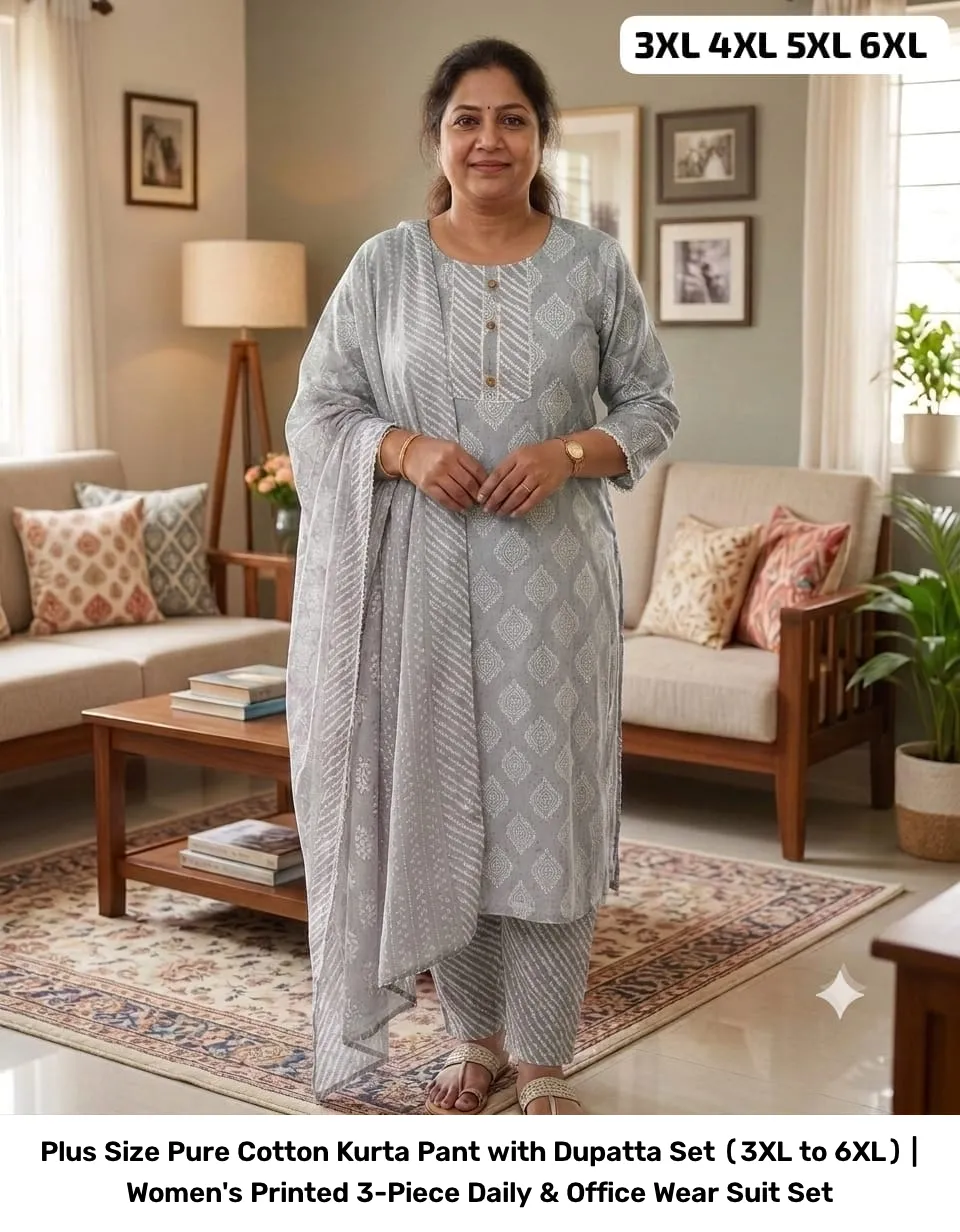Plus Size Pure Cotton Kurta Pant with Dupatta Set (3XL to 6XL) | Women's Printed 3-Piece Daily & Office Wear Suit Set 24