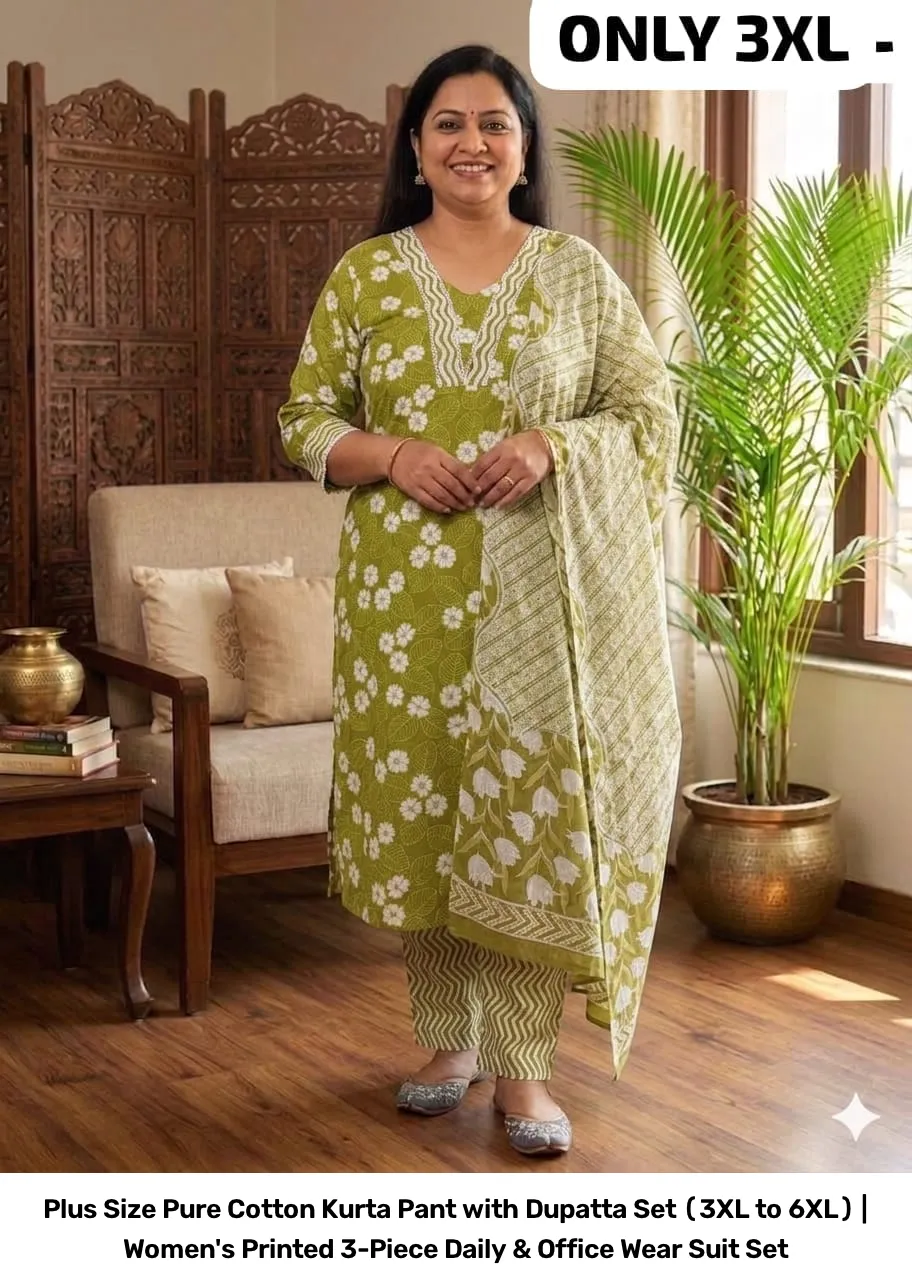 Plus Size Pure Cotton Kurta Pant with Dupatta Set (3XL to 6XL) | Women's Printed 3-Piece Daily & Office Wear Suit Set 25