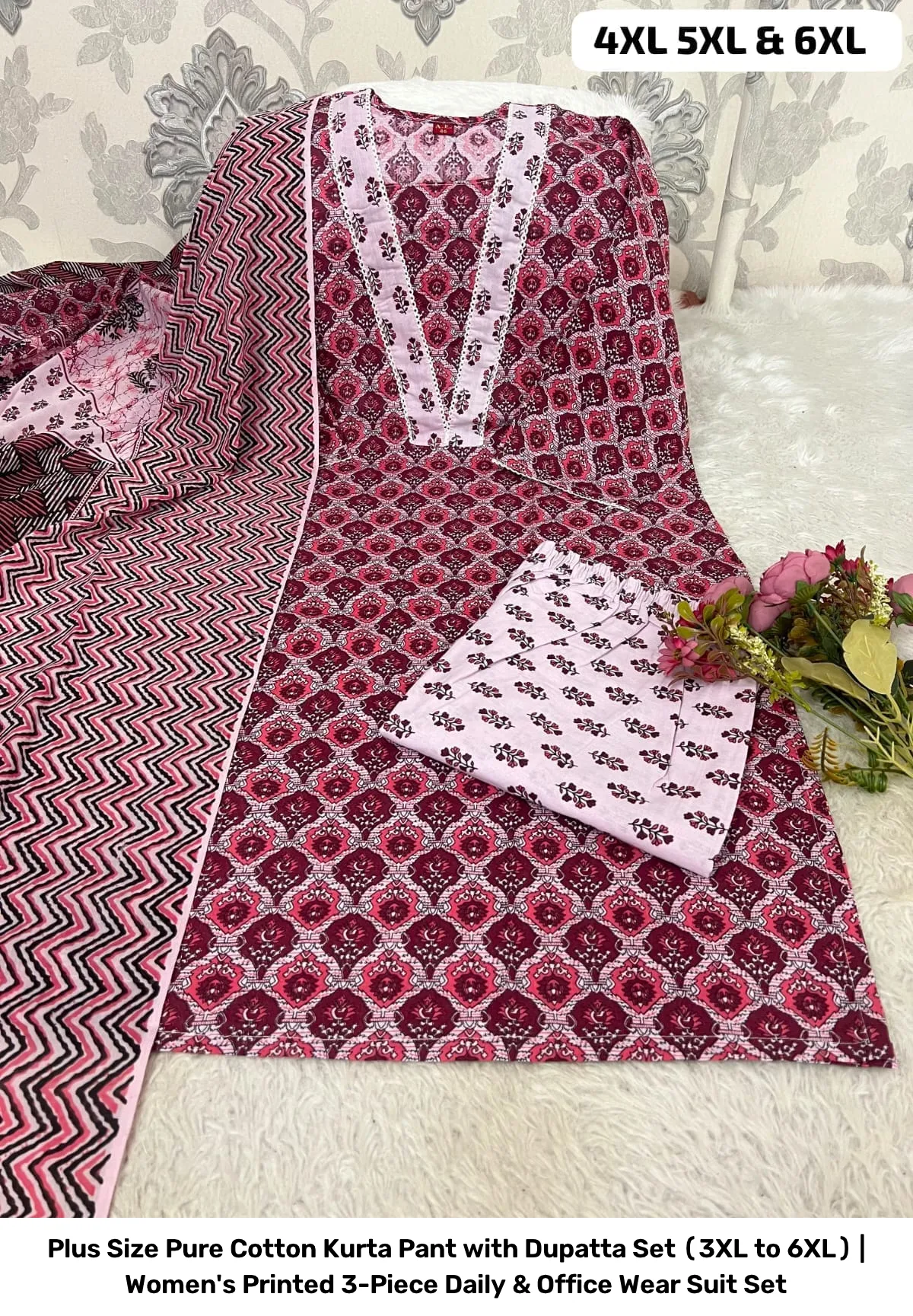 Plus Size Pure Cotton Kurta Pant with Dupatta Set (3XL to 6XL) | Women's Printed 3-Piece Daily & Office Wear Suit Set 26