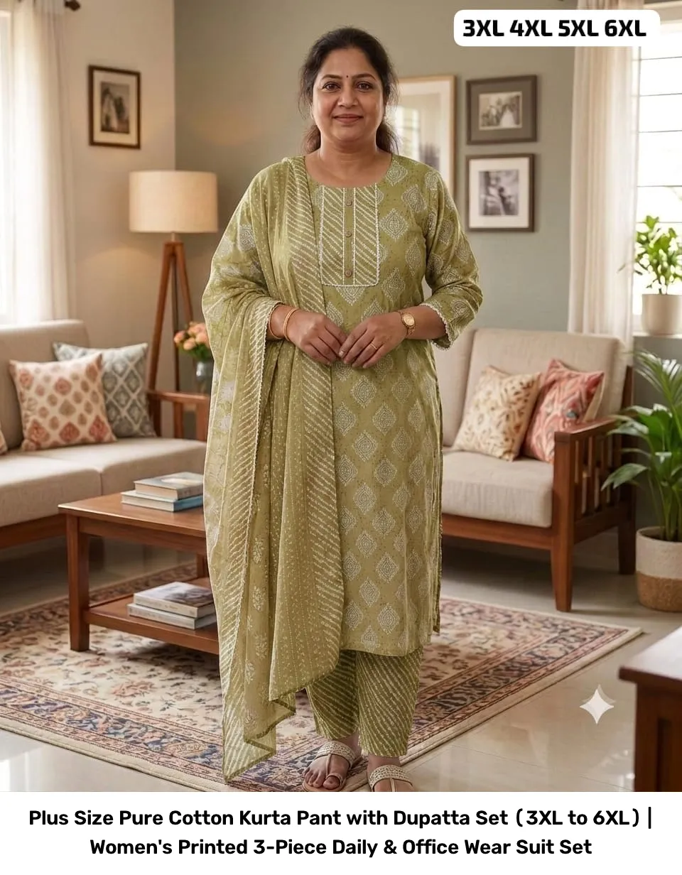 Plus Size Pure Cotton Kurta Pant with Dupatta Set (3XL to 6XL) | Women's Printed 3-Piece Daily & Office Wear Suit Set 3