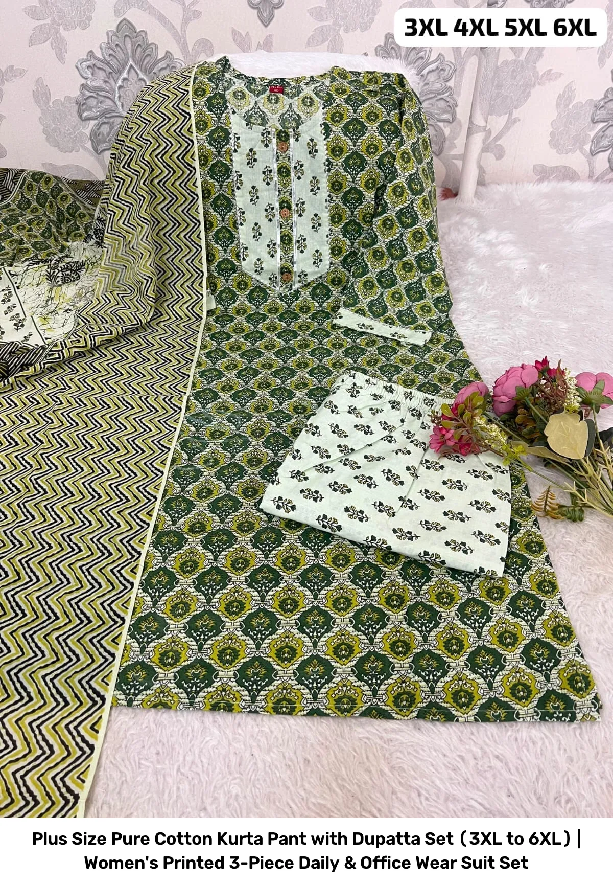 Plus Size Pure Cotton Kurta Pant with Dupatta Set (3XL to 6XL) | Women's Printed 3-Piece Daily & Office Wear Suit Set 4