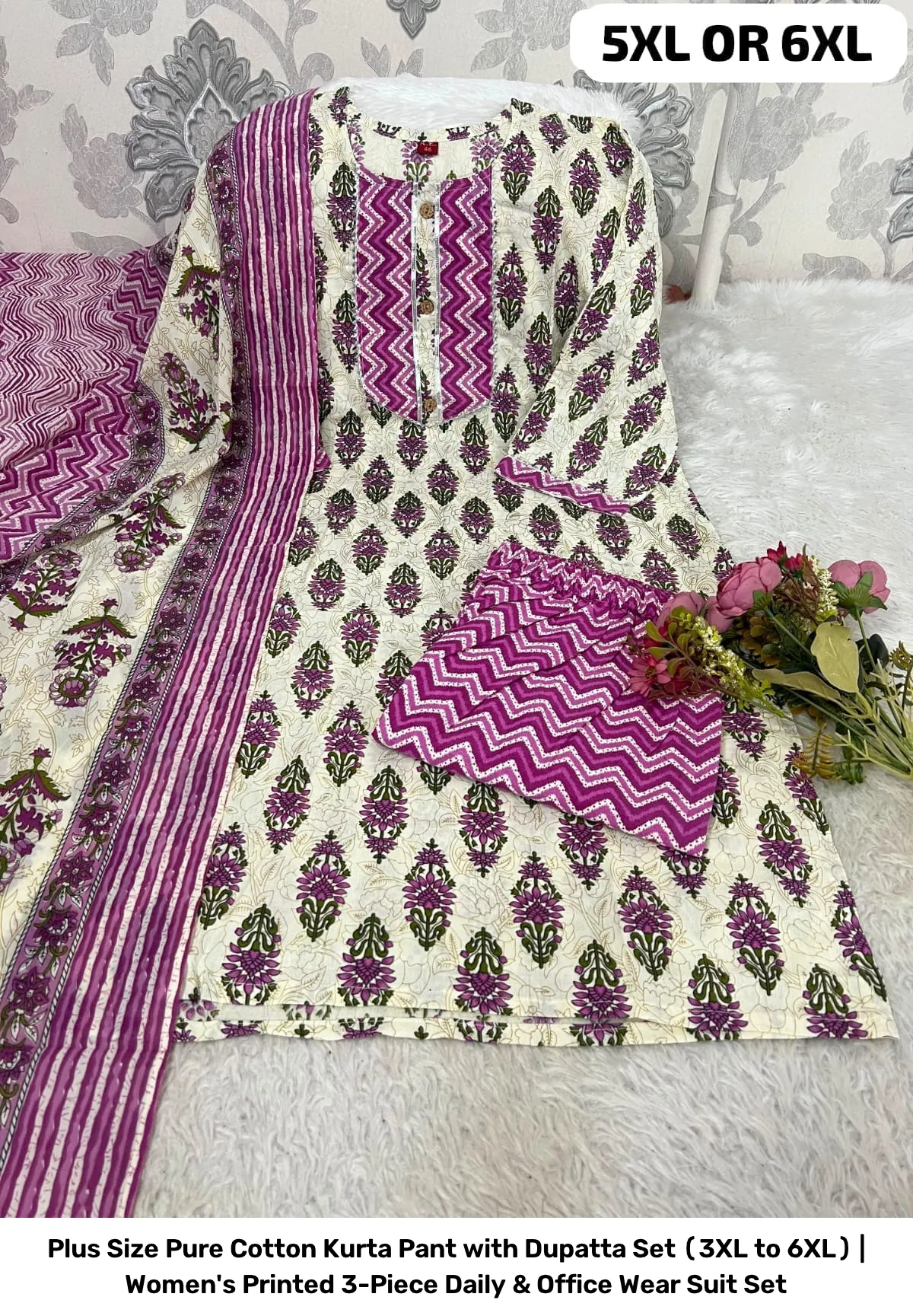 Plus Size Pure Cotton Kurta Pant with Dupatta Set (3XL to 6XL) | Women's Printed 3-Piece Daily & Office Wear Suit Set 5