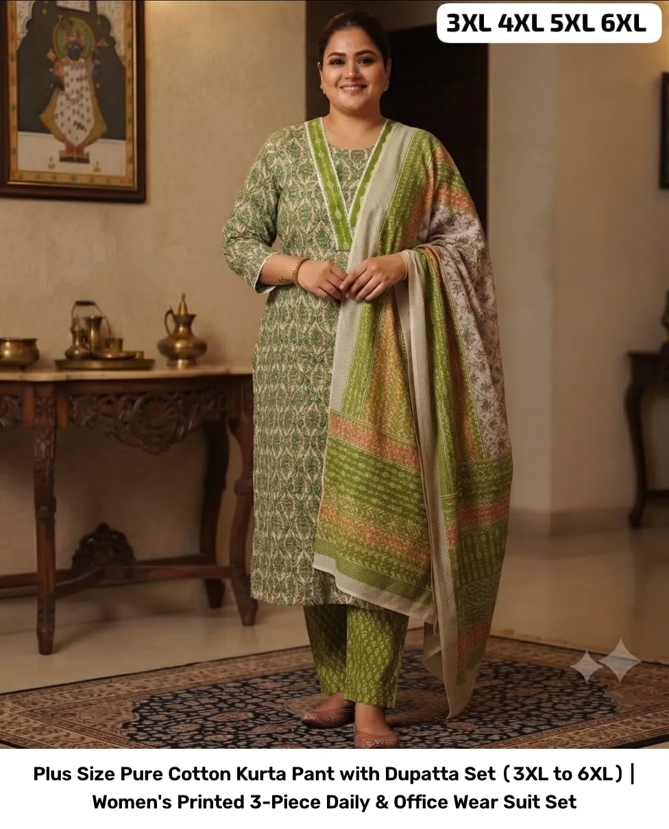 Plus Size Pure Cotton Kurta Pant with Dupatta Set (3XL to 6XL) | Women's Printed 3-Piece Daily & Office Wear Suit Set 7