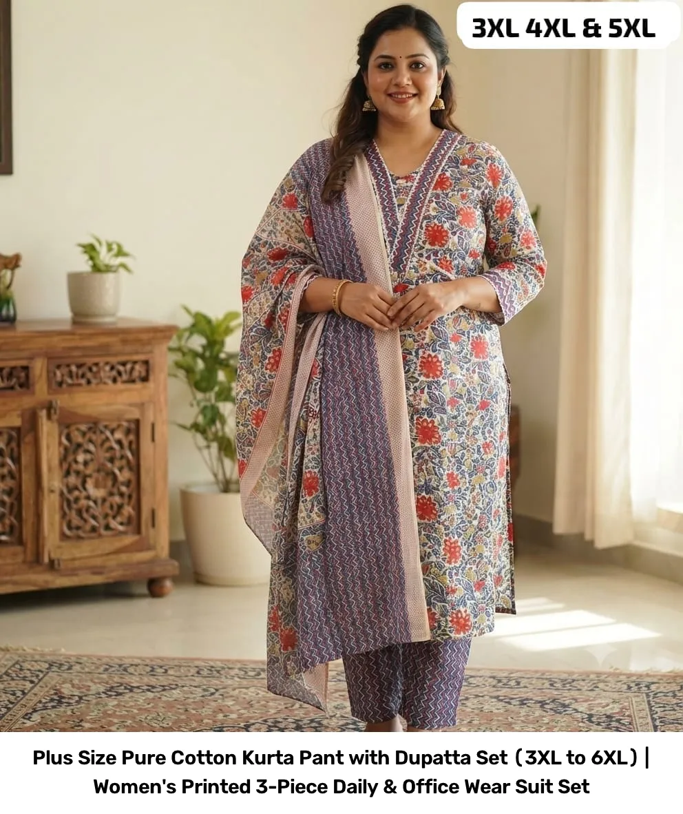Plus Size Pure Cotton Kurta Pant with Dupatta Set (3XL to 6XL) | Women's Printed 3-Piece Daily & Office Wear Suit Set 8