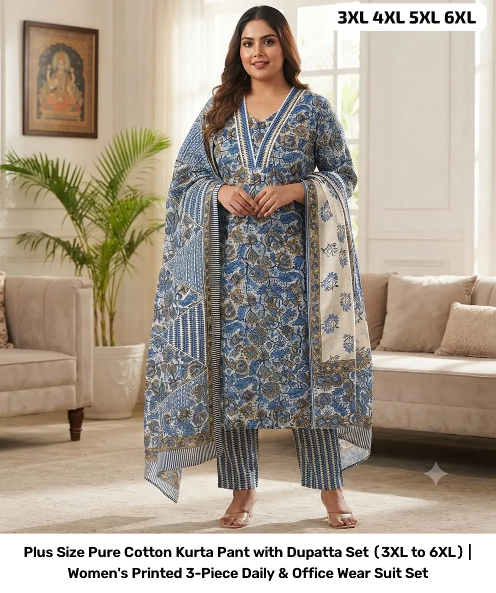 Plus Size Pure Cotton Kurta Pant with Dupatta Set (3XL to 6XL) | Women's Printed 3-Piece Daily & Office Wear Suit Set 9