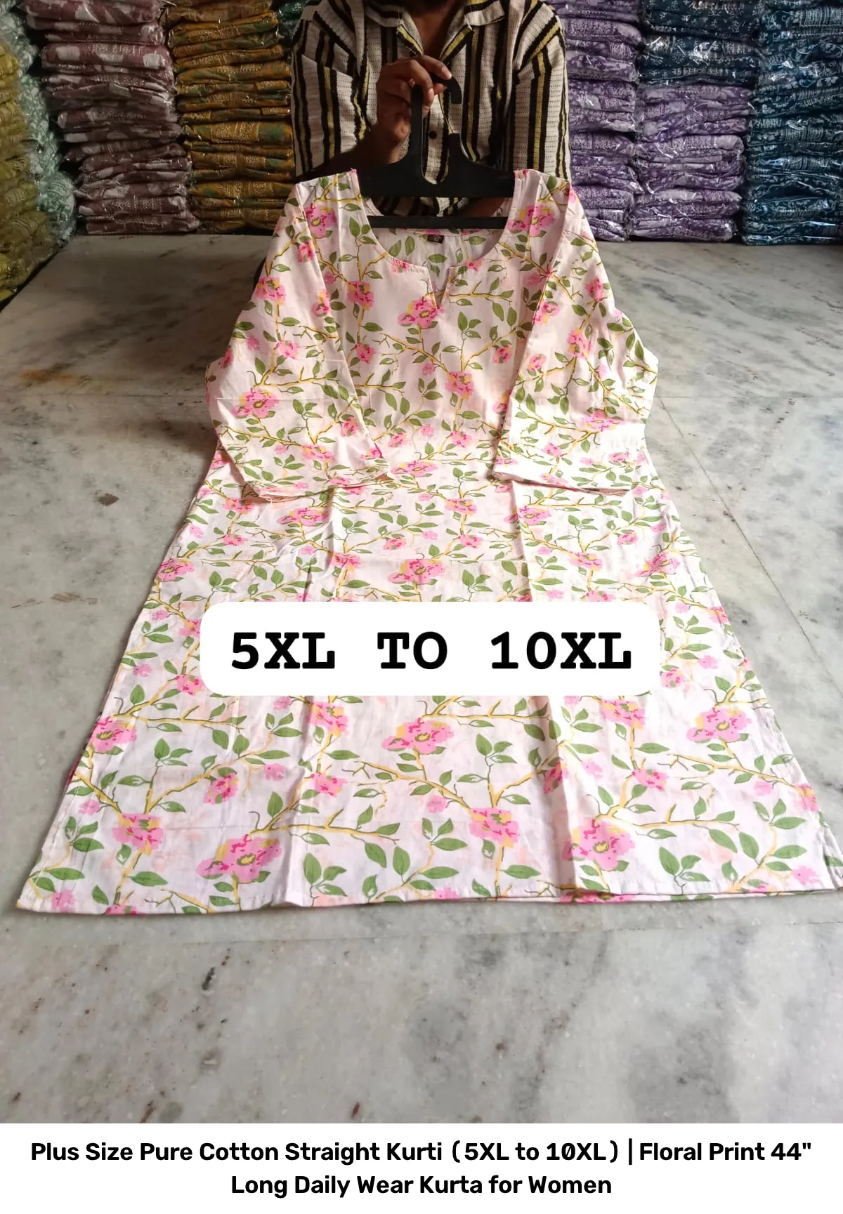 Plus Size Pure Cotton Straight Kurti (5XL to 10XL) | Floral Print 44" Long Daily Wear Kurta for Women 10