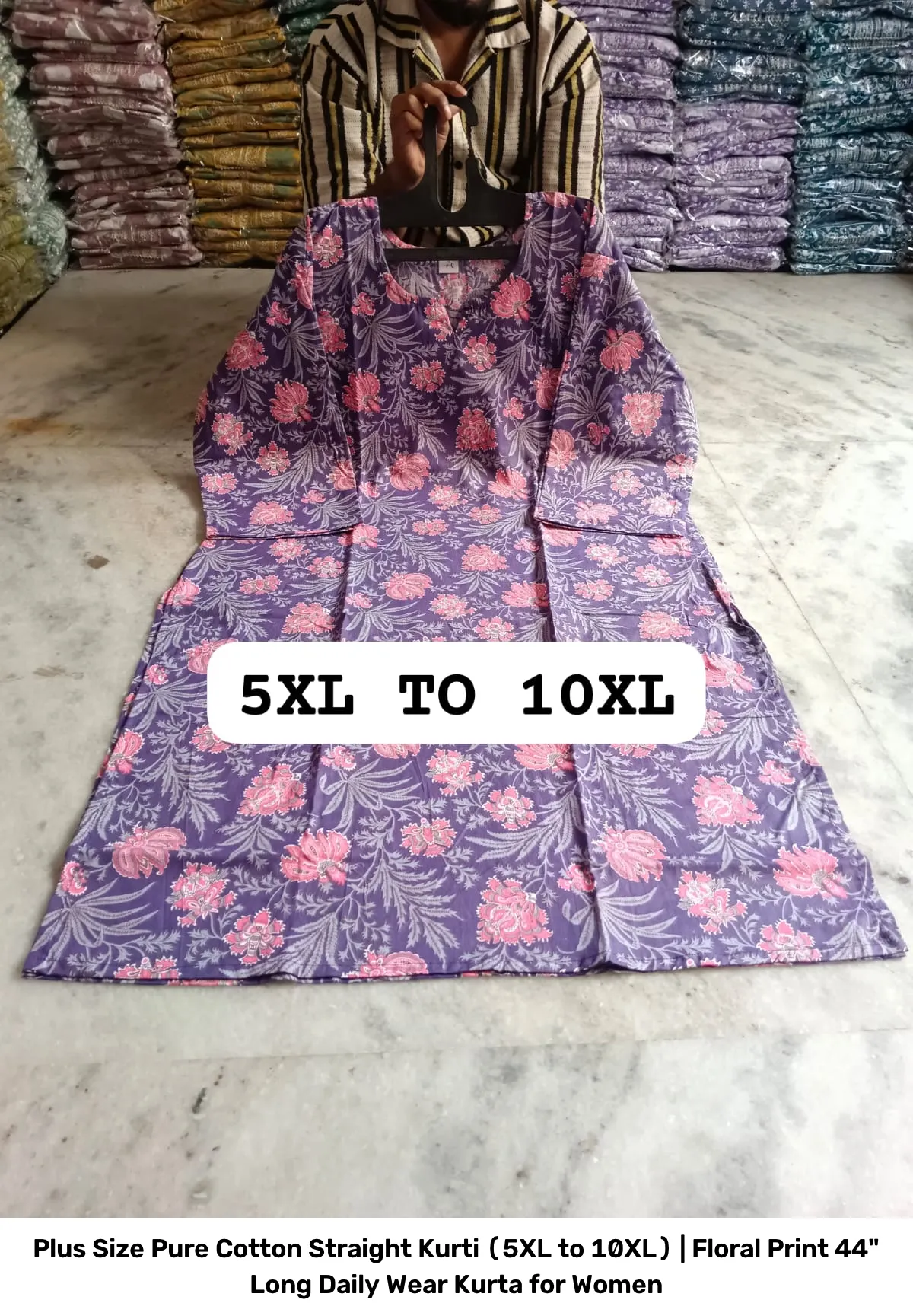 Plus Size Pure Cotton Straight Kurti (5XL to 10XL) | Floral Print 44" Long Daily Wear Kurta for Women 2