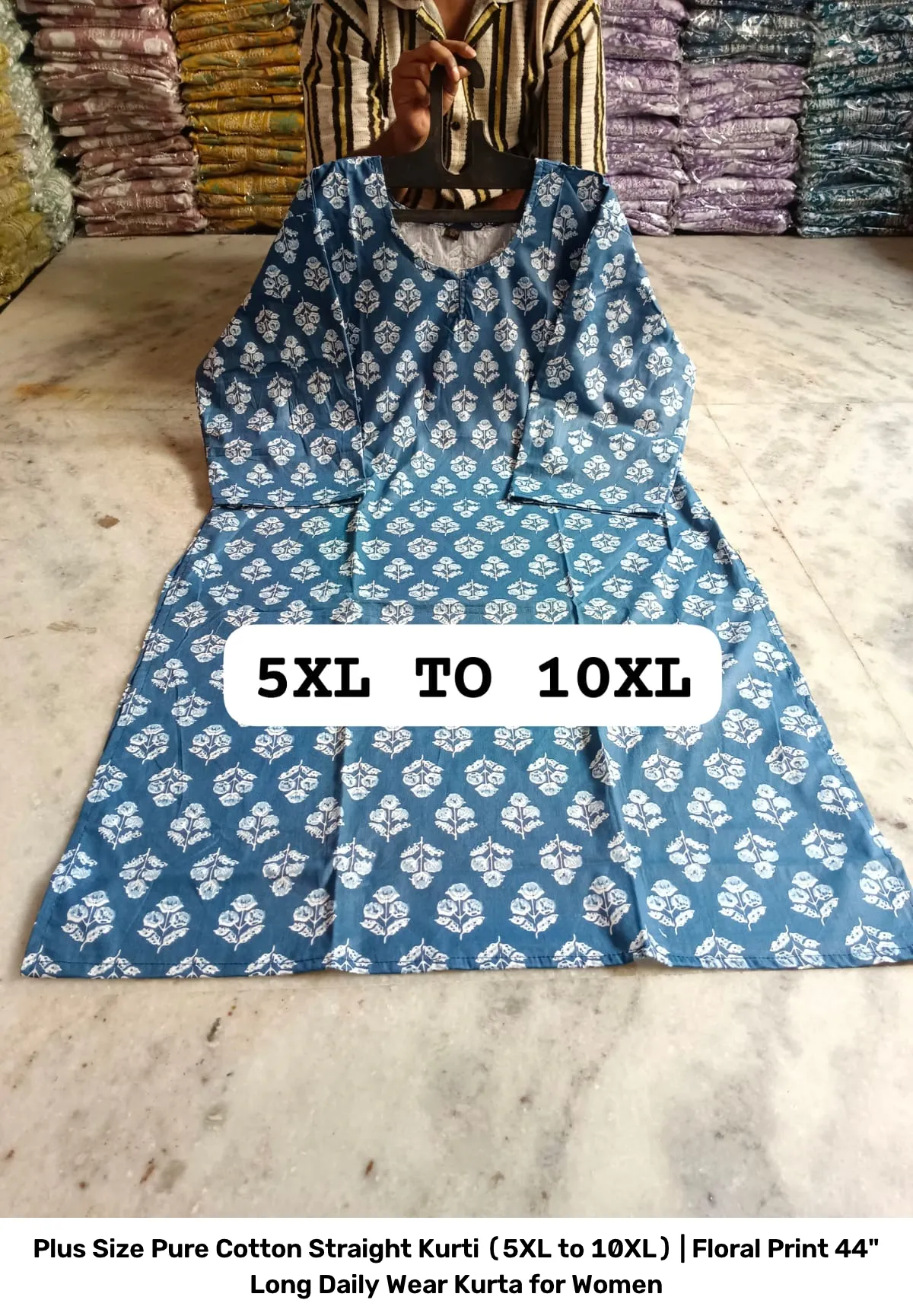 Plus Size Pure Cotton Straight Kurti (5XL to 10XL) | Floral Print 44" Long Daily Wear Kurta for Women 5