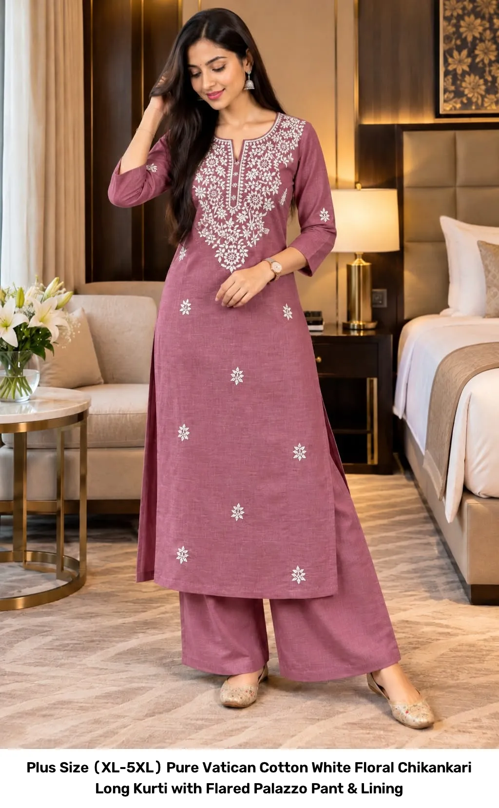 Plus Size (XL-5XL) Pure Vatican Cotton White Floral Chikankari Long Kurti with Flared Palazzo Pant & Lining 10