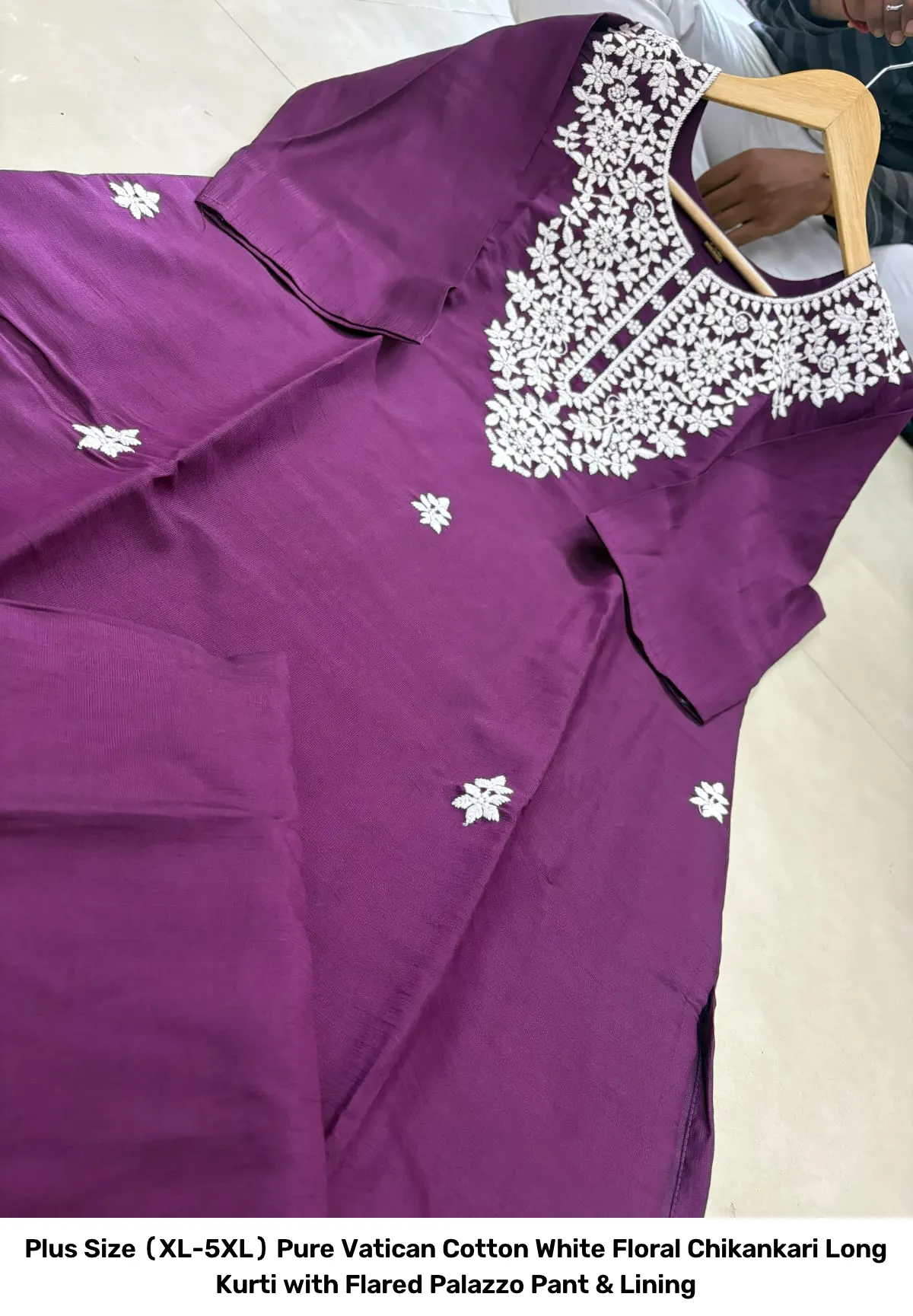 Plus Size (XL-5XL) Pure Vatican Cotton White Floral Chikankari Long Kurti with Flared Palazzo Pant & Lining 12