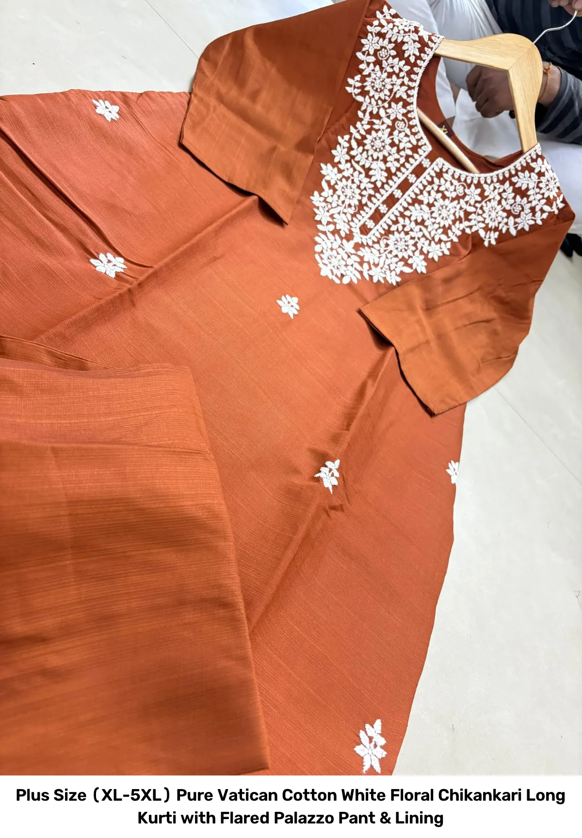 Plus Size (XL-5XL) Pure Vatican Cotton White Floral Chikankari Long Kurti with Flared Palazzo Pant & Lining 13