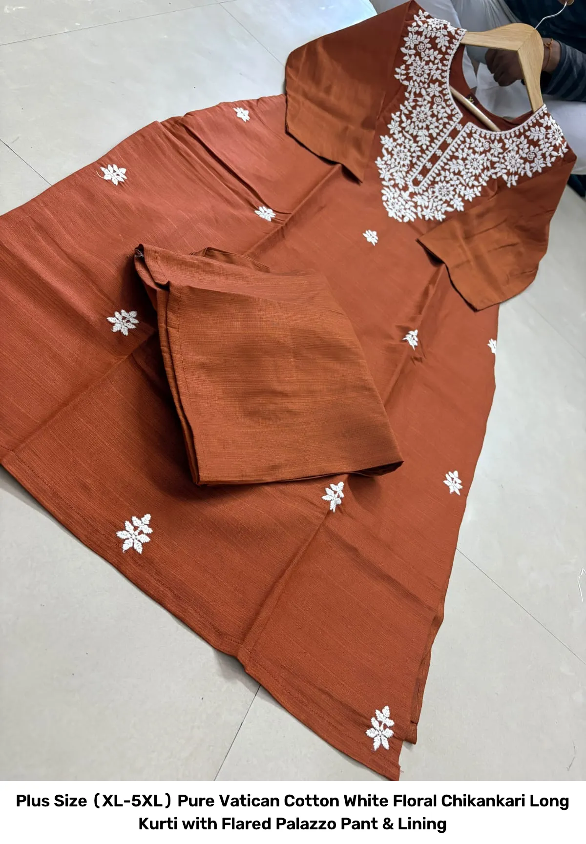 Plus Size (XL-5XL) Pure Vatican Cotton White Floral Chikankari Long Kurti with Flared Palazzo Pant & Lining 2