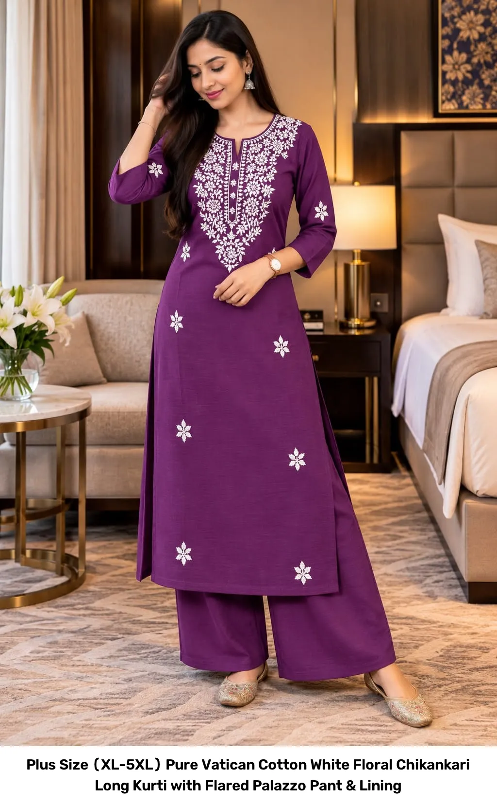 Plus Size (XL-5XL) Pure Vatican Cotton White Floral Chikankari Long Kurti with Flared Palazzo Pant & Lining 3