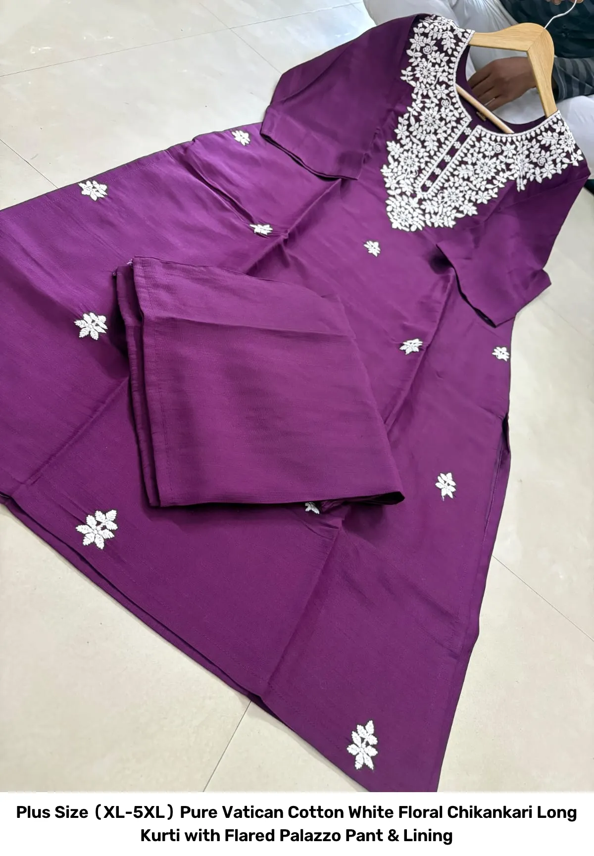 Plus Size (XL-5XL) Pure Vatican Cotton White Floral Chikankari Long Kurti with Flared Palazzo Pant & Lining 4