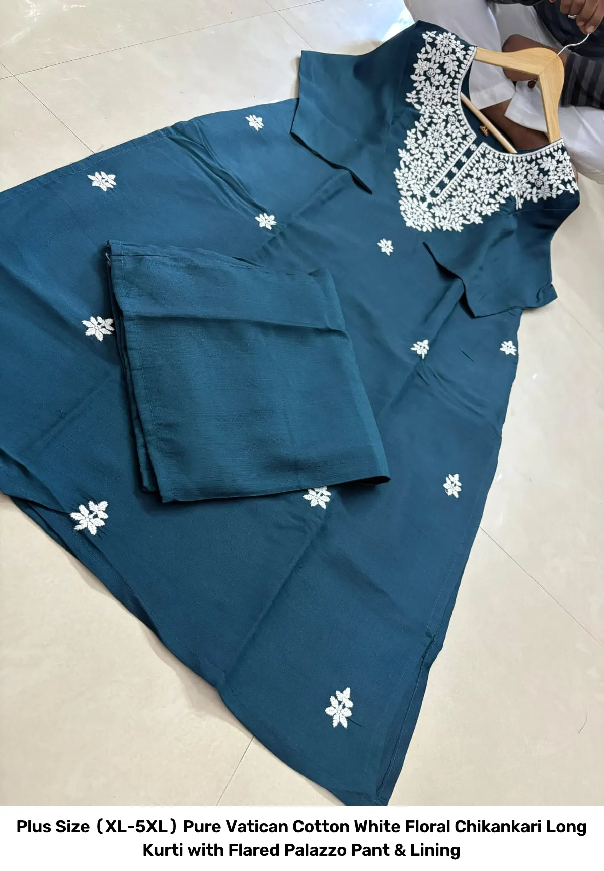 Plus Size (XL-5XL) Pure Vatican Cotton White Floral Chikankari Long Kurti with Flared Palazzo Pant & Lining 8