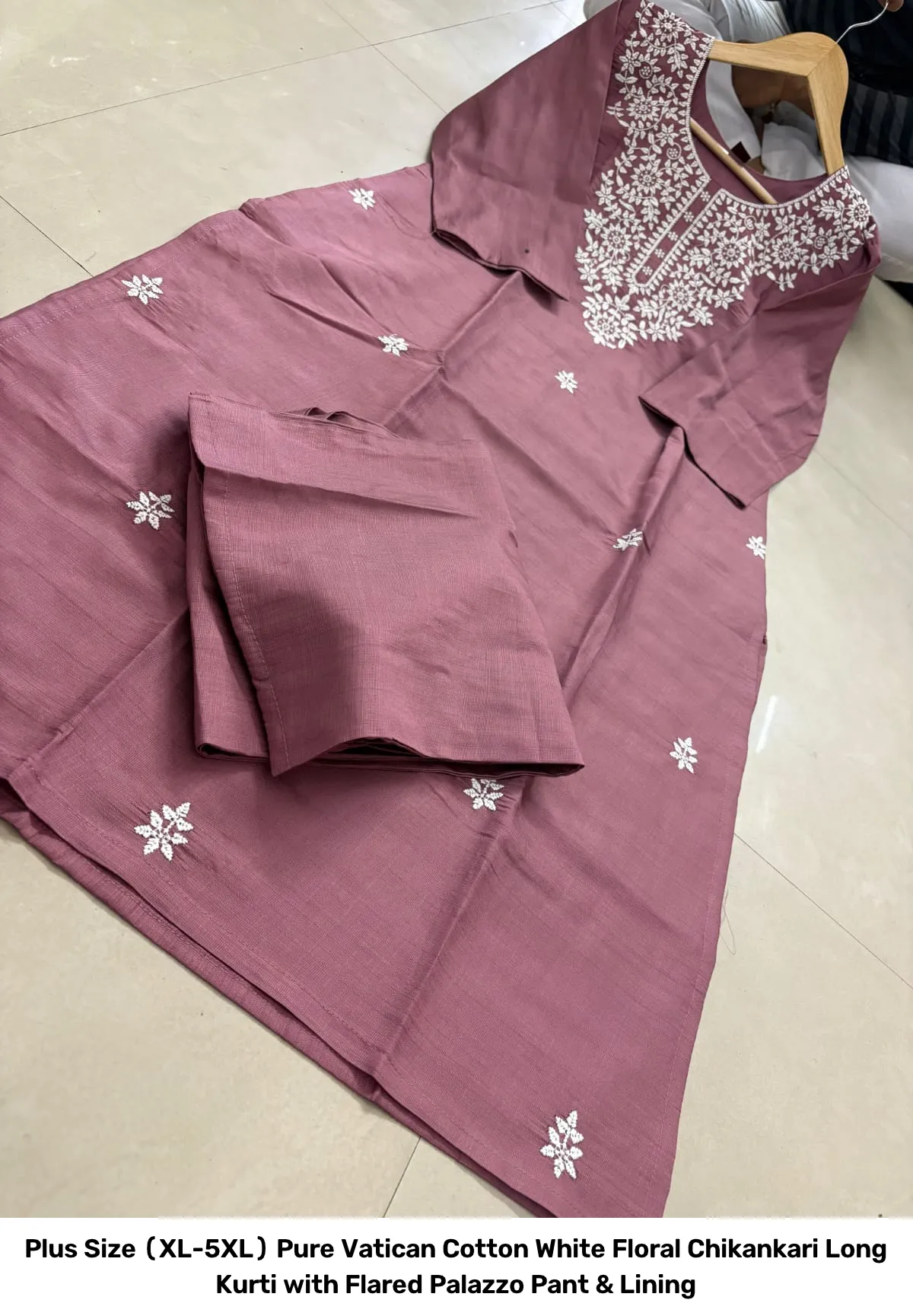 Plus Size (XL-5XL) Pure Vatican Cotton White Floral Chikankari Long Kurti with Flared Palazzo Pant & Lining 9