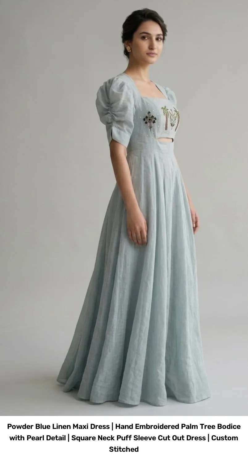 Powder Blue Linen Maxi Dress | Hand Embroidered Palm Tree Bodice with Pearl Detail | Square Neck Puff Sleeve Cut Out Dress | Custom Stitched 2