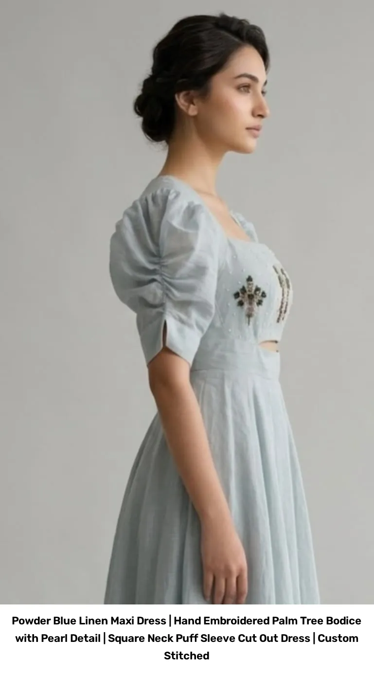 Powder Blue Linen Maxi Dress | Hand Embroidered Palm Tree Bodice with Pearl Detail | Square Neck Puff Sleeve Cut Out Dress | Custom Stitched 3