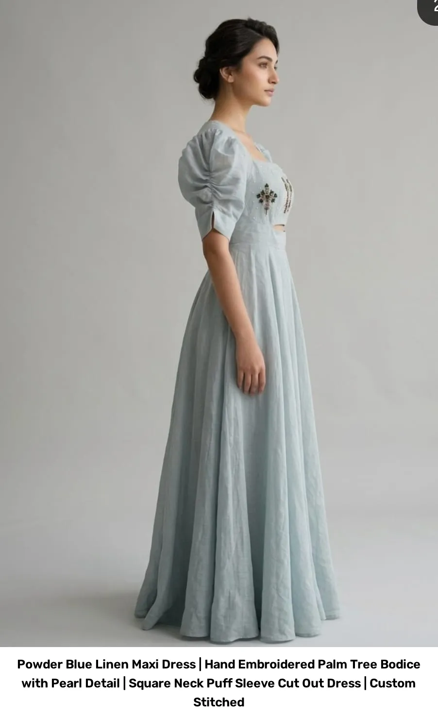 Powder Blue Linen Maxi Dress | Hand Embroidered Palm Tree Bodice with Pearl Detail | Square Neck Puff Sleeve Cut Out Dress | Custom Stitched 4