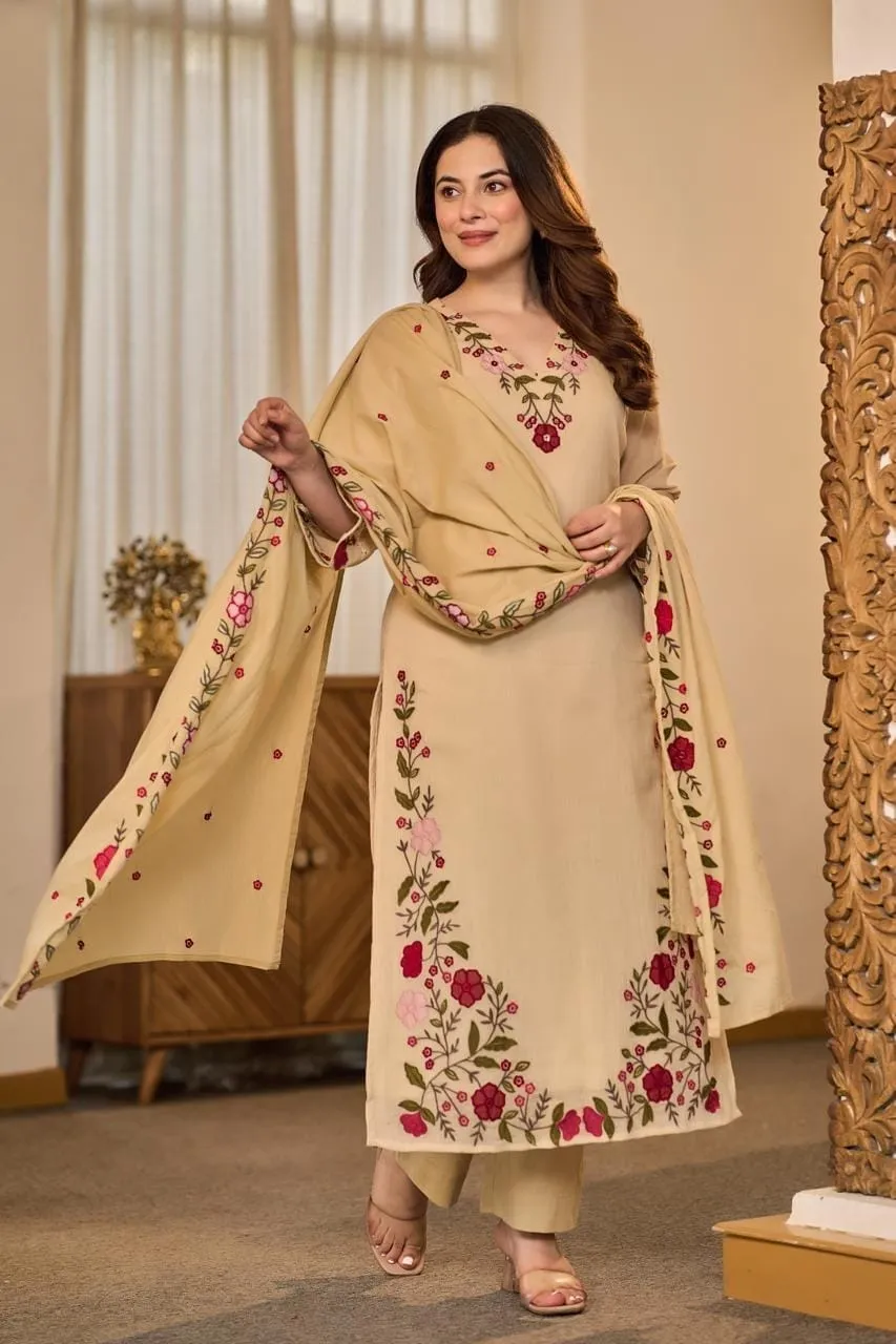 Premium 60s Cotton Floral Embroidered Kurta Pant Set with Dupatta – 3-Piece Jaipuri Ethnic Suit