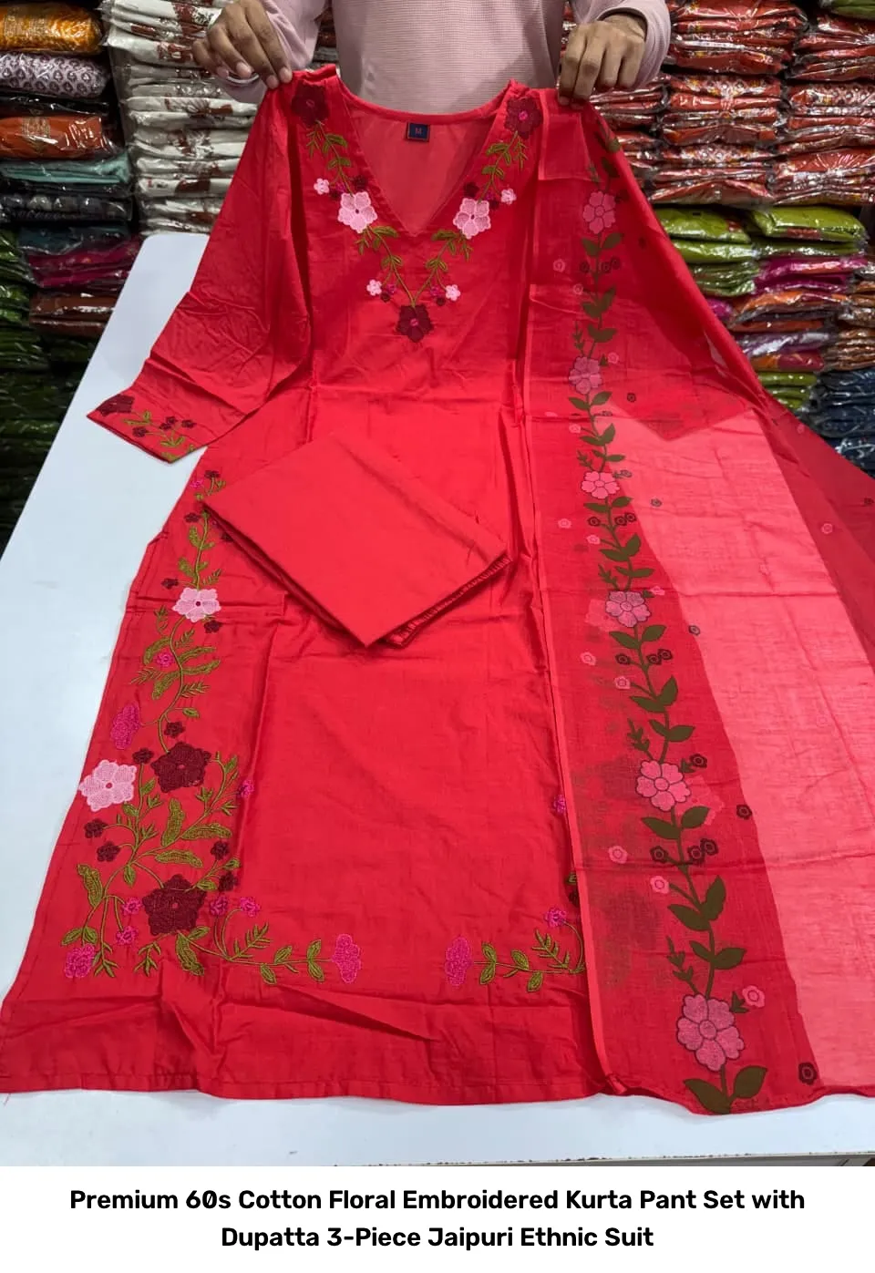 Premium 60s Cotton Floral Embroidered Kurta Pant Set with Dupatta – 3-Piece Jaipuri Ethnic Suit 10