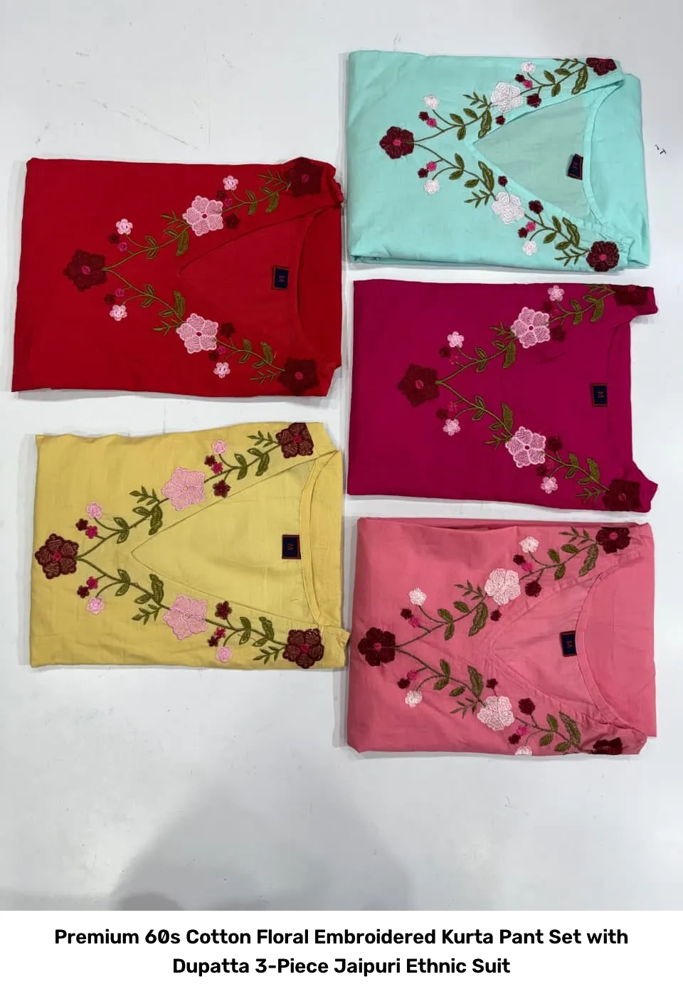 Premium 60s Cotton Floral Embroidered Kurta Pant Set with Dupatta – 3-Piece Jaipuri Ethnic Suit 11