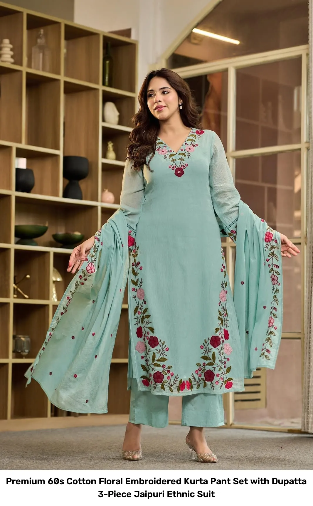 Premium 60s Cotton Floral Embroidered Kurta Pant Set with Dupatta – 3-Piece Jaipuri Ethnic Suit 12