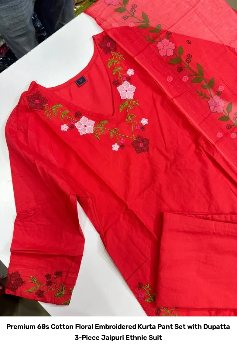 Premium 60s Cotton Floral Embroidered Kurta Pant Set with Dupatta – 3-Piece Jaipuri Ethnic Suit 13