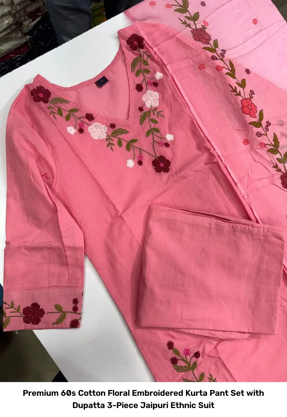 Premium 60s Cotton Floral Embroidered Kurta Pant Set with Dupatta – 3-Piece Jaipuri Ethnic Suit 14