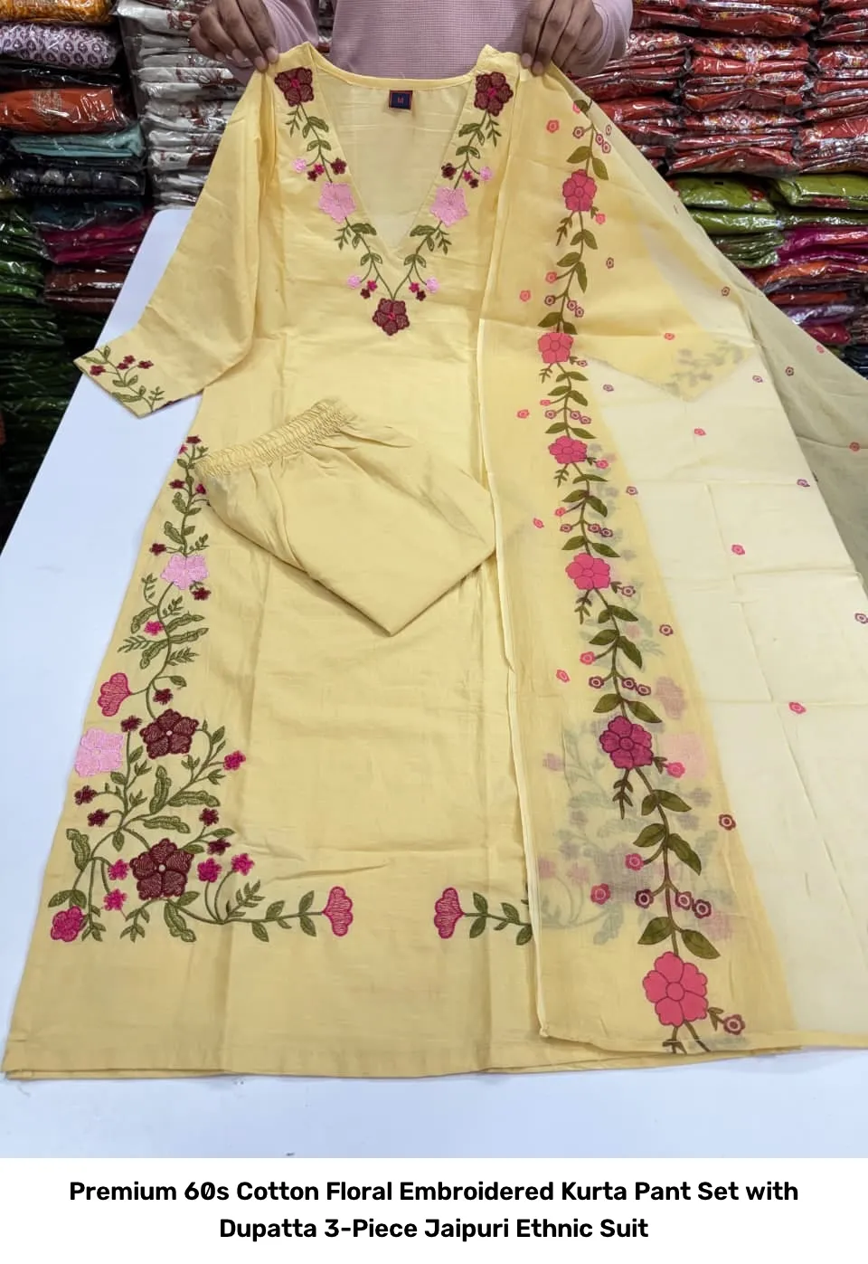Premium 60s Cotton Floral Embroidered Kurta Pant Set with Dupatta – 3-Piece Jaipuri Ethnic Suit 15