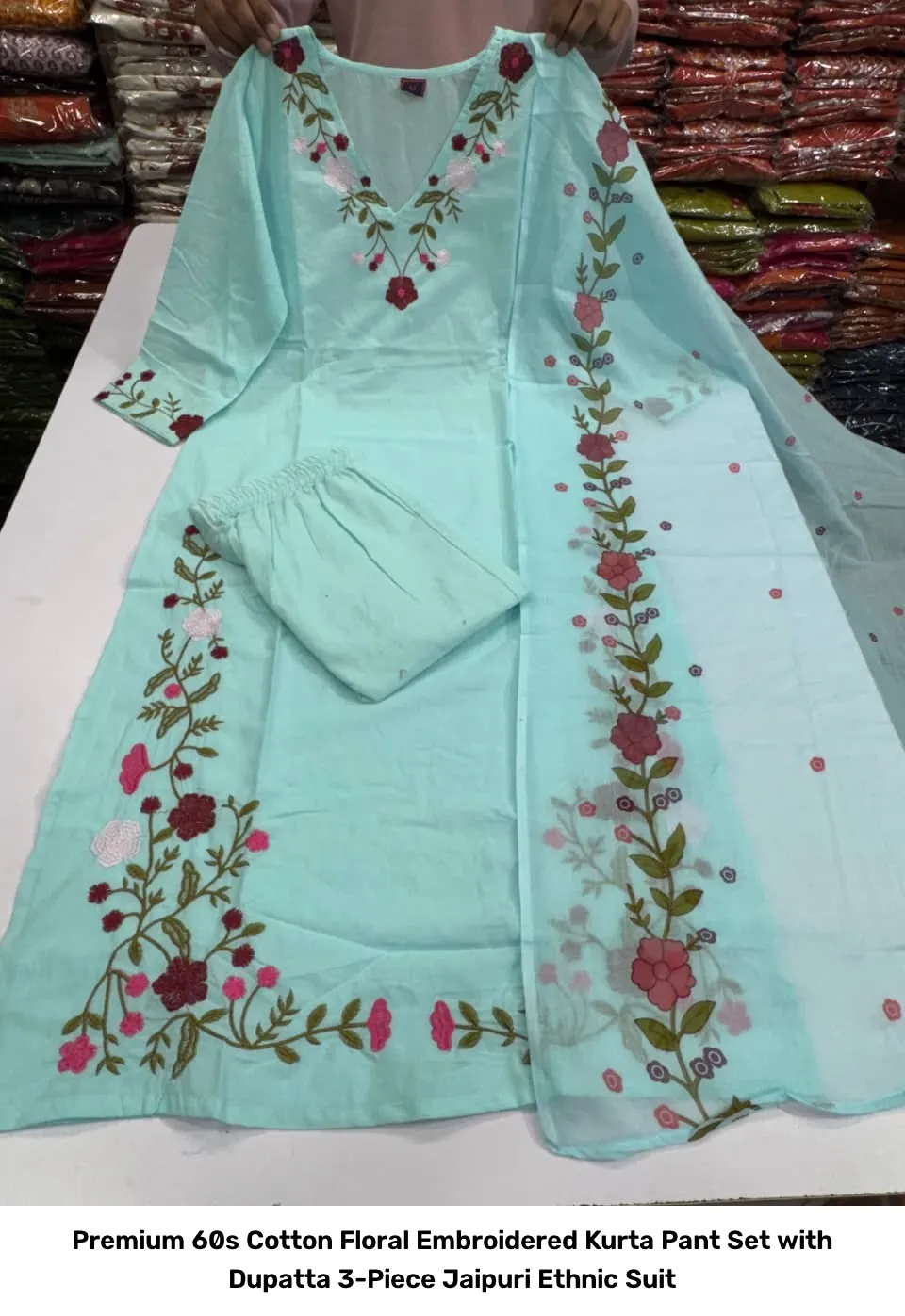Premium 60s Cotton Floral Embroidered Kurta Pant Set with Dupatta – 3-Piece Jaipuri Ethnic Suit 16