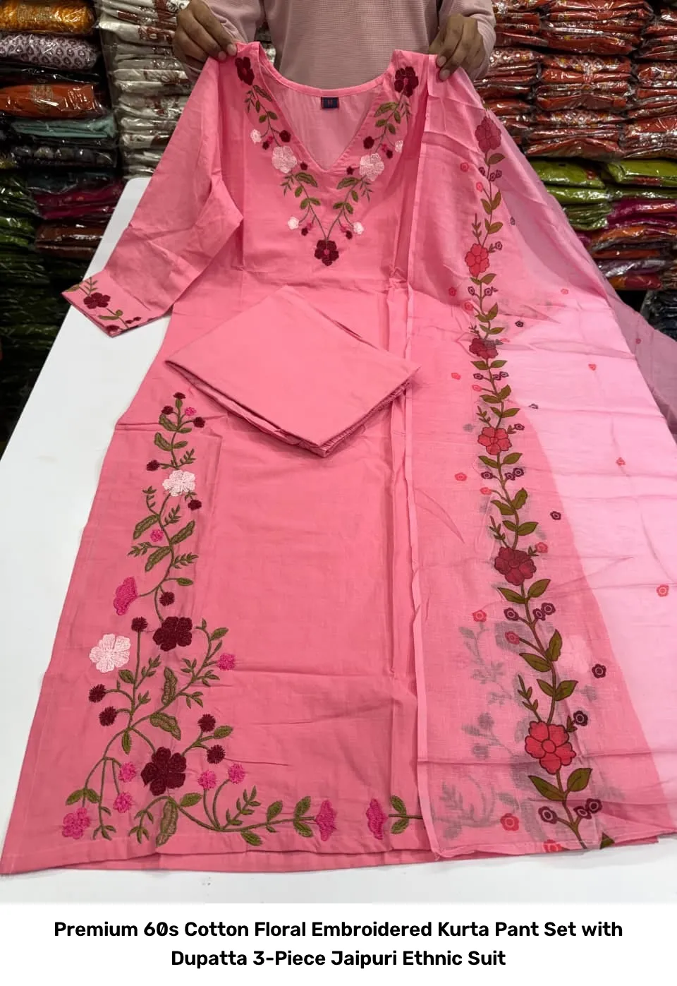 Premium 60s Cotton Floral Embroidered Kurta Pant Set with Dupatta – 3-Piece Jaipuri Ethnic Suit 2