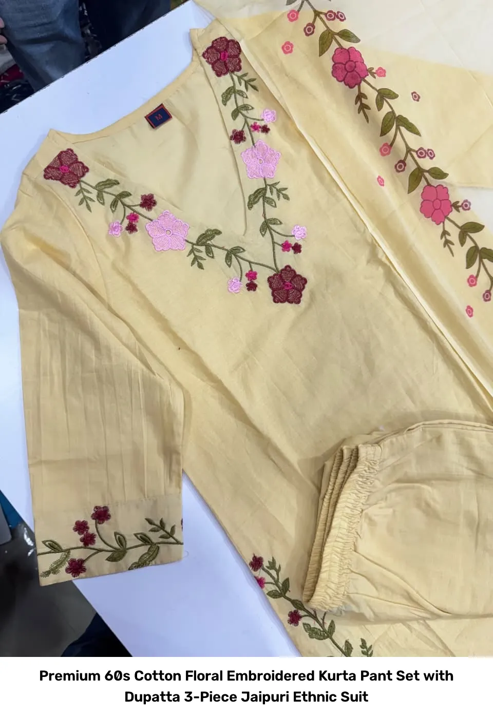Premium 60s Cotton Floral Embroidered Kurta Pant Set with Dupatta – 3-Piece Jaipuri Ethnic Suit 3
