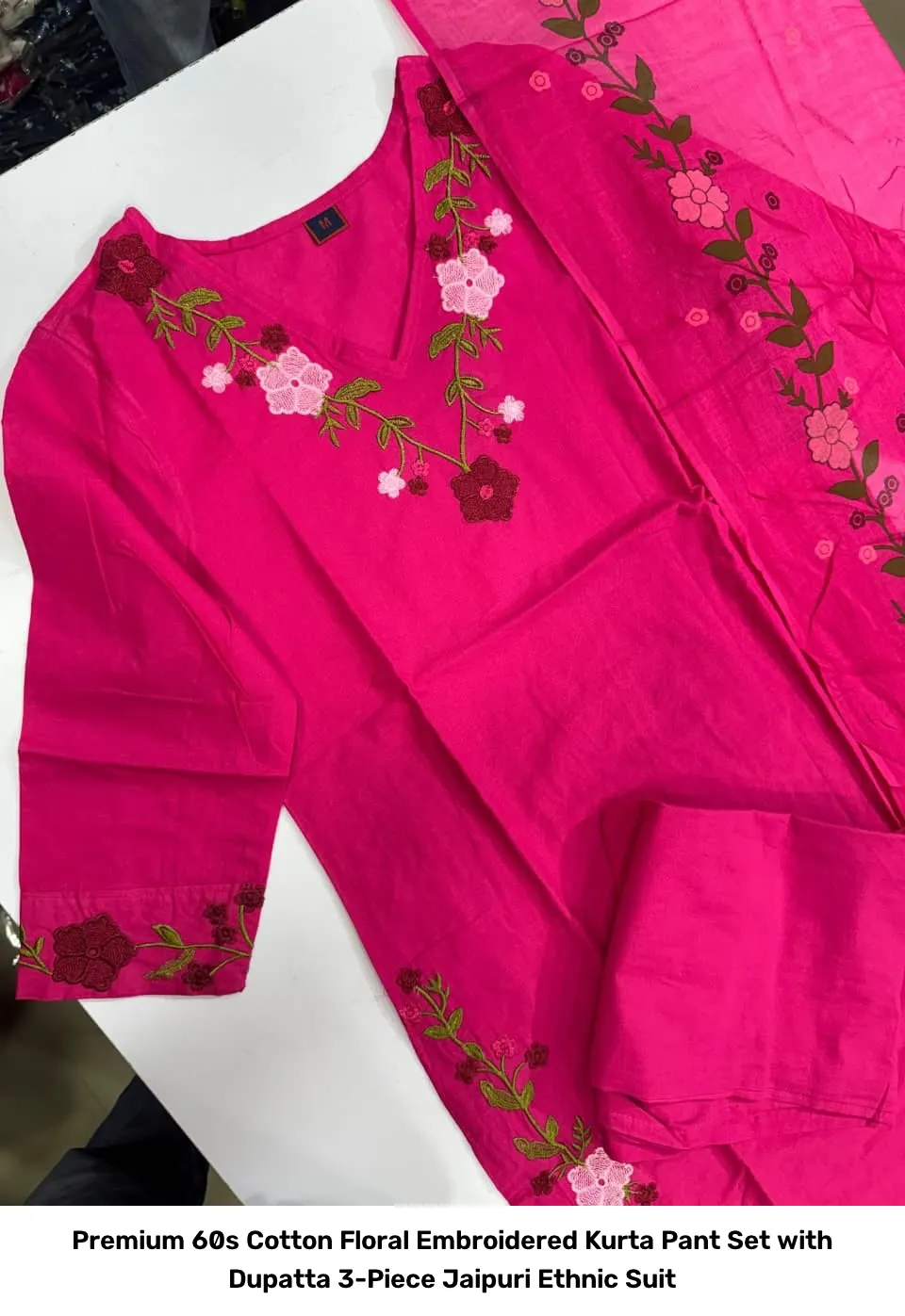 Premium 60s Cotton Floral Embroidered Kurta Pant Set with Dupatta – 3-Piece Jaipuri Ethnic Suit 4