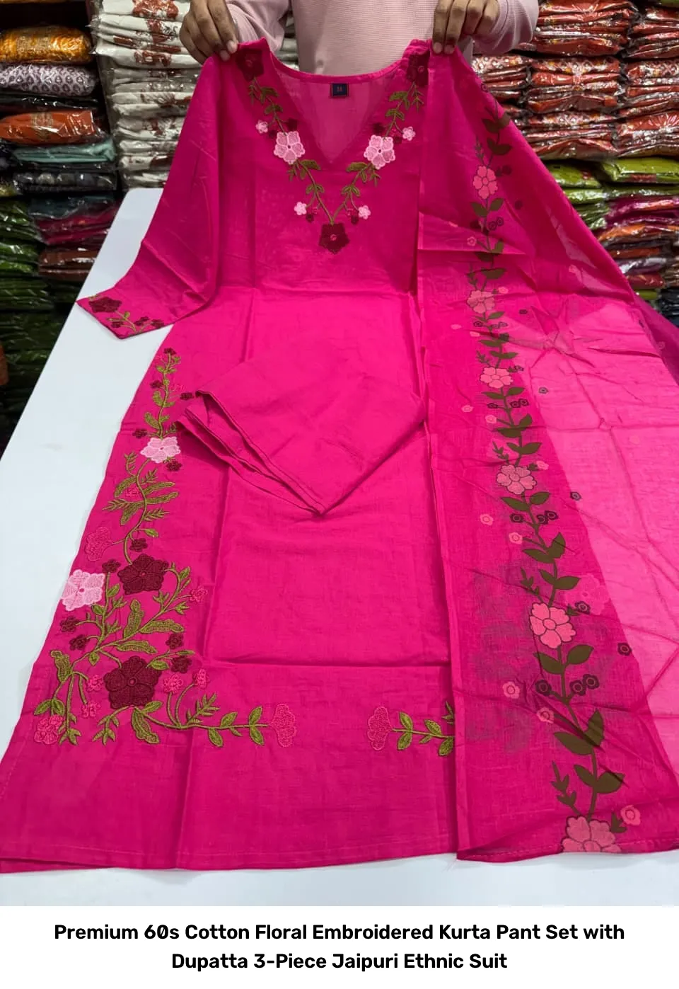 Premium 60s Cotton Floral Embroidered Kurta Pant Set with Dupatta – 3-Piece Jaipuri Ethnic Suit 5