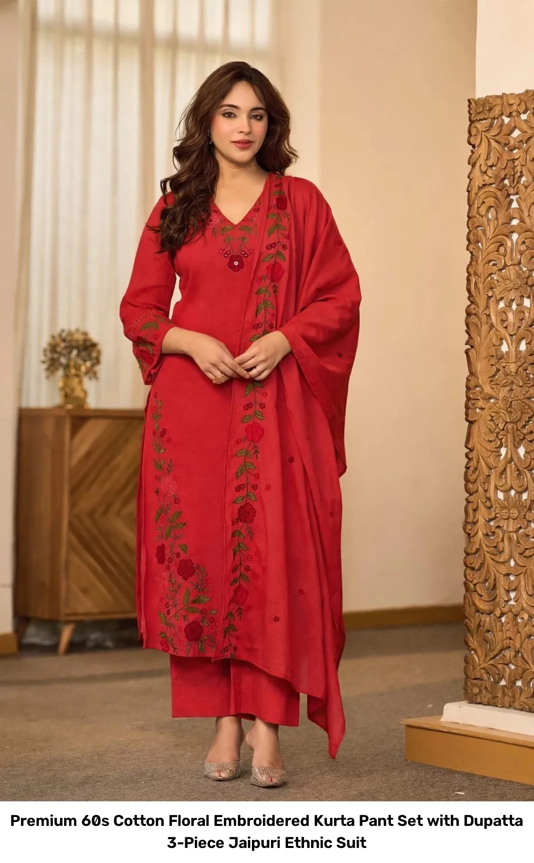 Premium 60s Cotton Floral Embroidered Kurta Pant Set with Dupatta – 3-Piece Jaipuri Ethnic Suit 6