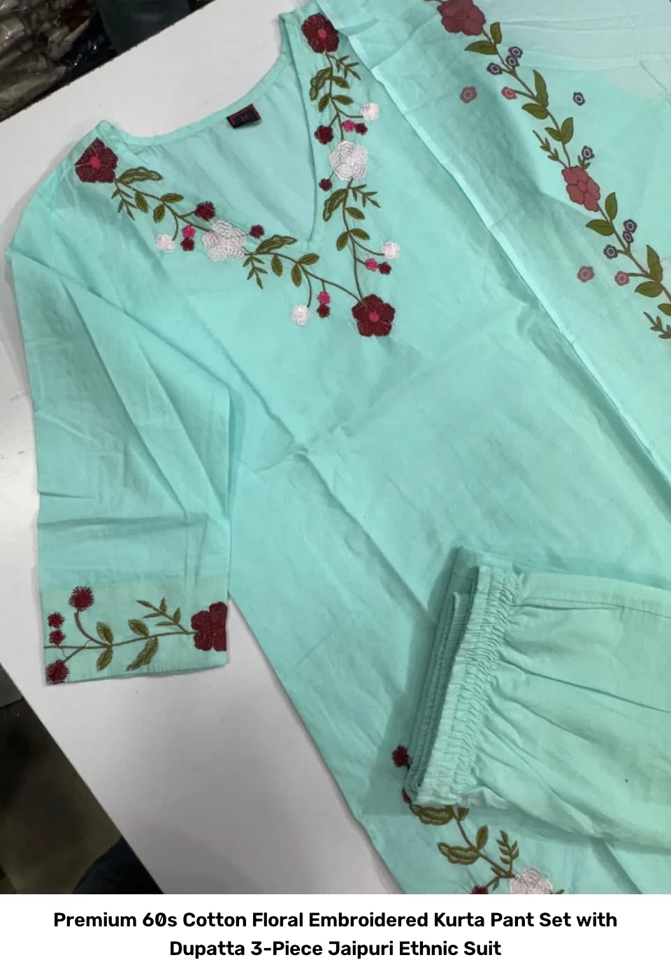 Premium 60s Cotton Floral Embroidered Kurta Pant Set with Dupatta – 3-Piece Jaipuri Ethnic Suit 7