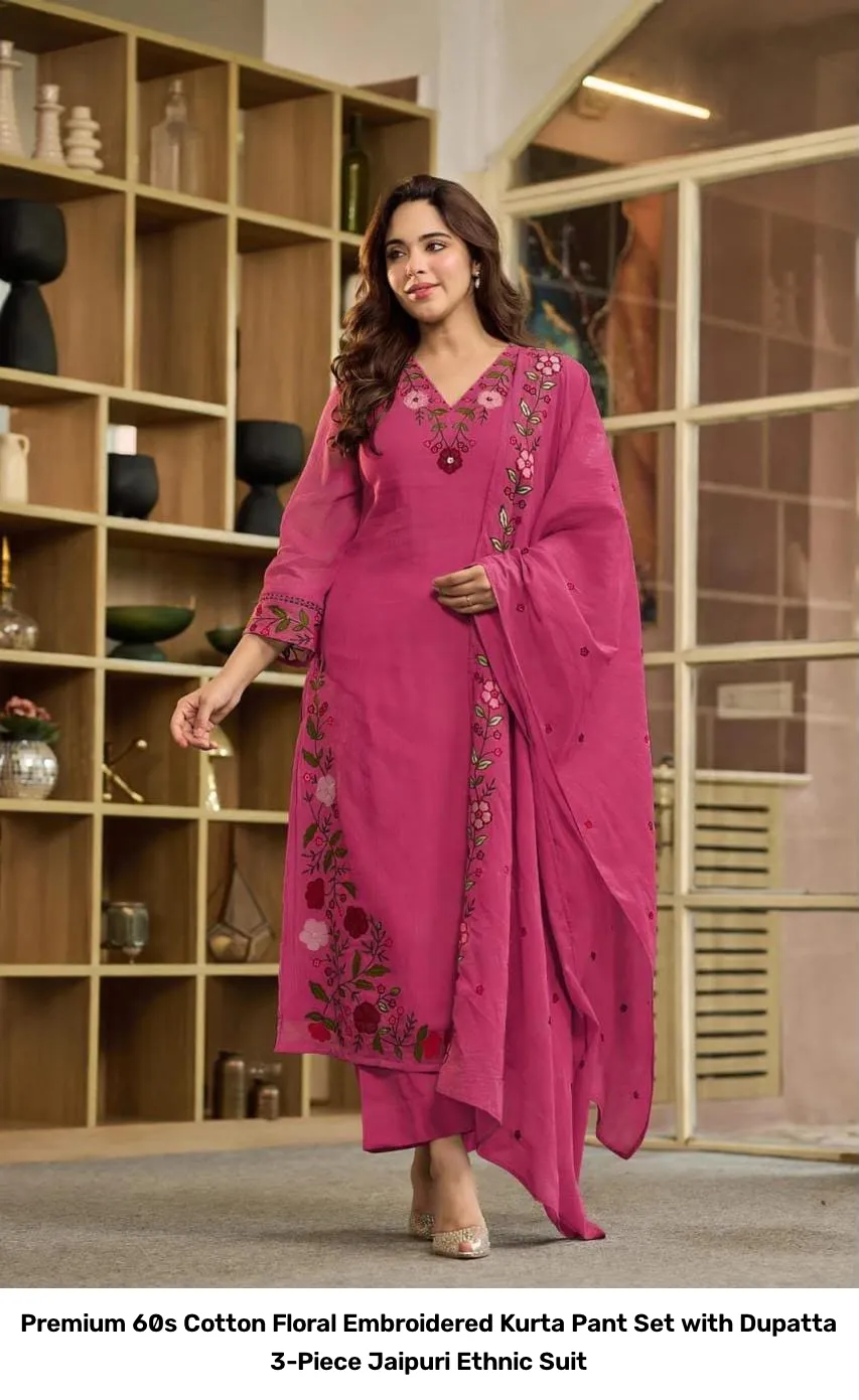 Premium 60s Cotton Floral Embroidered Kurta Pant Set with Dupatta – 3-Piece Jaipuri Ethnic Suit 8