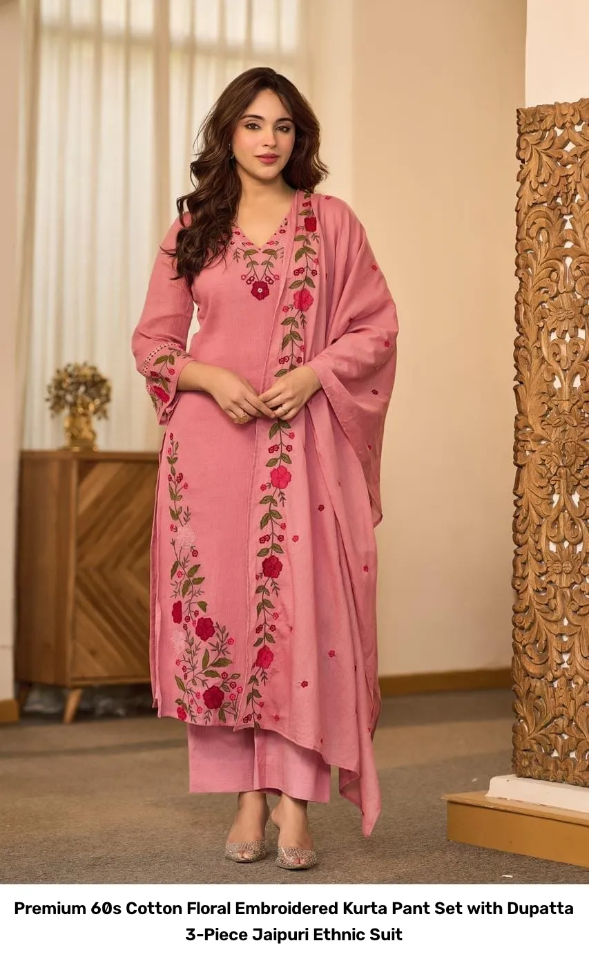 Premium 60s Cotton Floral Embroidered Kurta Pant Set with Dupatta – 3-Piece Jaipuri Ethnic Suit 9