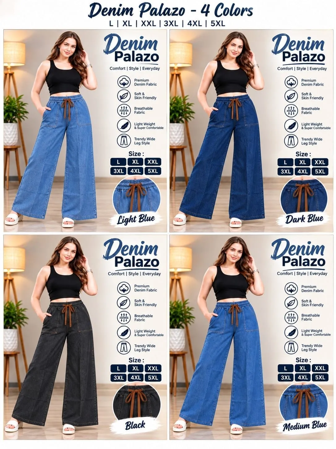 Premium Cotton Denim Wide-Leg Palazzo Pants