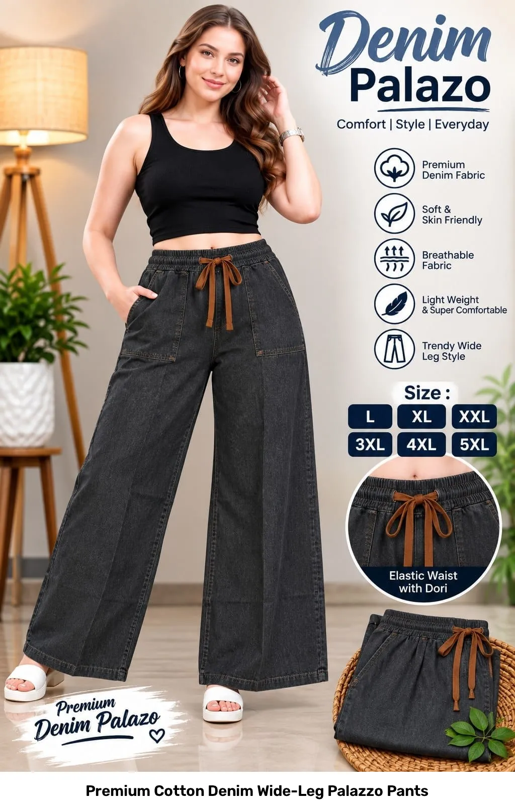 Premium Cotton Denim Wide-Leg Palazzo Pants 2