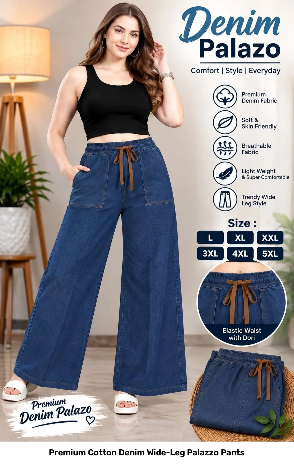 Premium Cotton Denim Wide-Leg Palazzo Pants 3